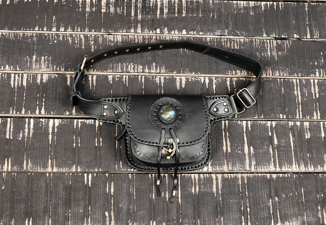 Handmade black leather waist belt with front pouch and gemstone detail