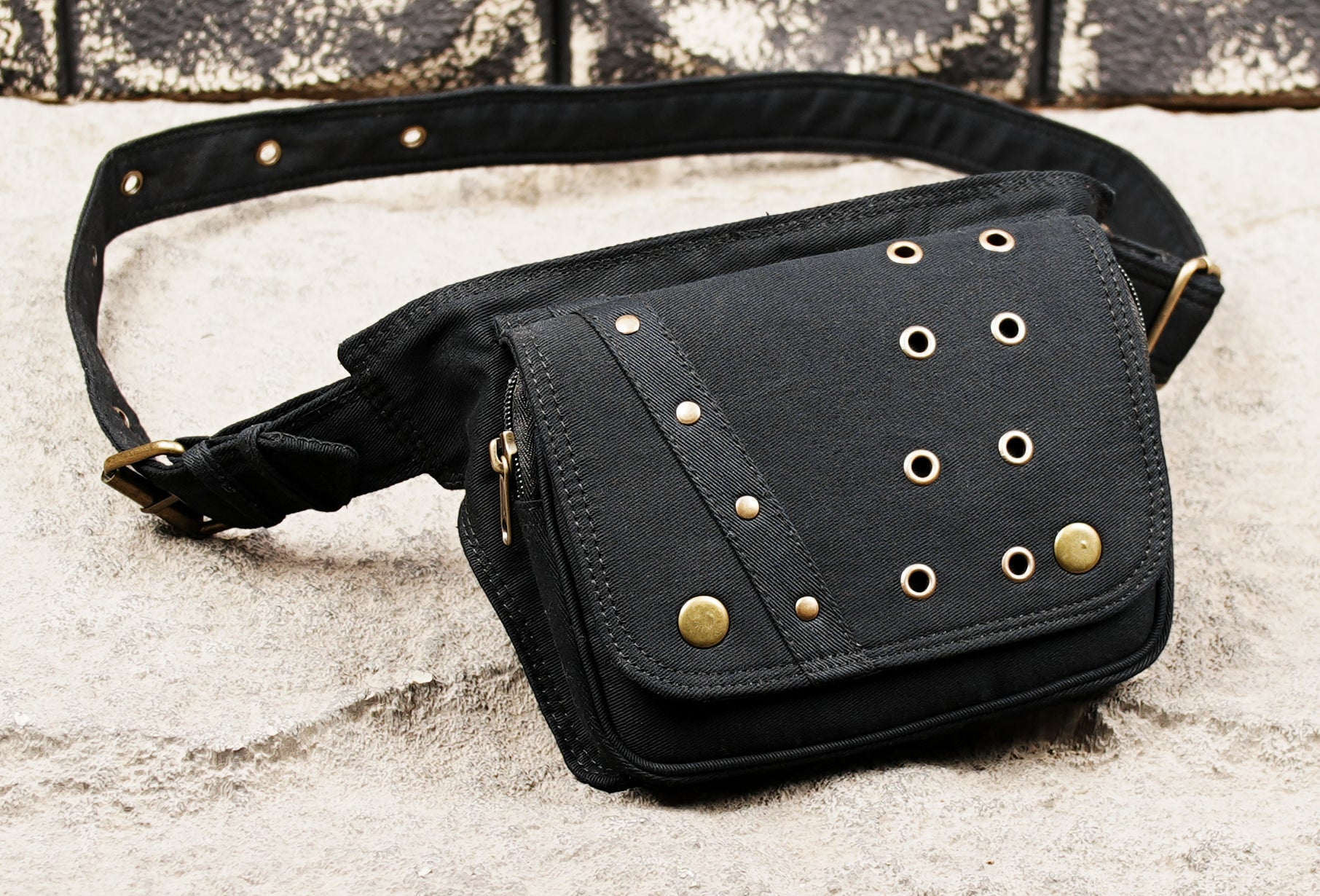 Black fabric waist belt pouch for travel and everyday use