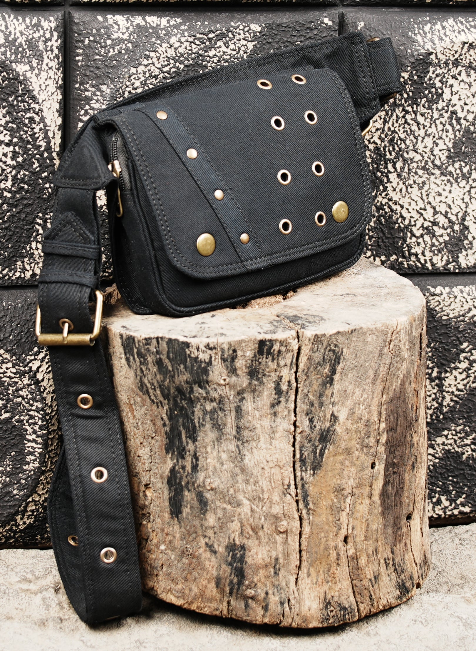 Handmade black cotton belt pouch with durable stitching