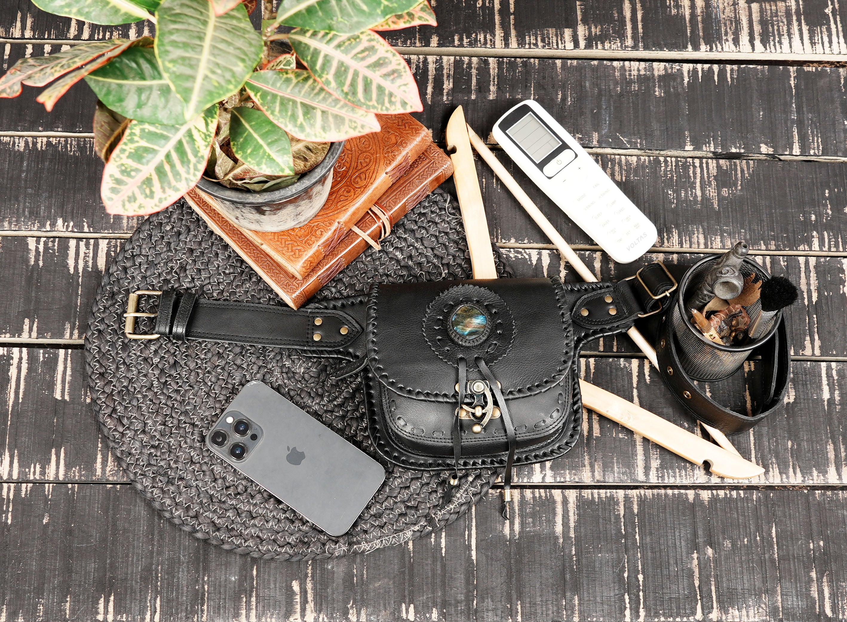 Festival ready leather waist belt with utility pouch and vintage look