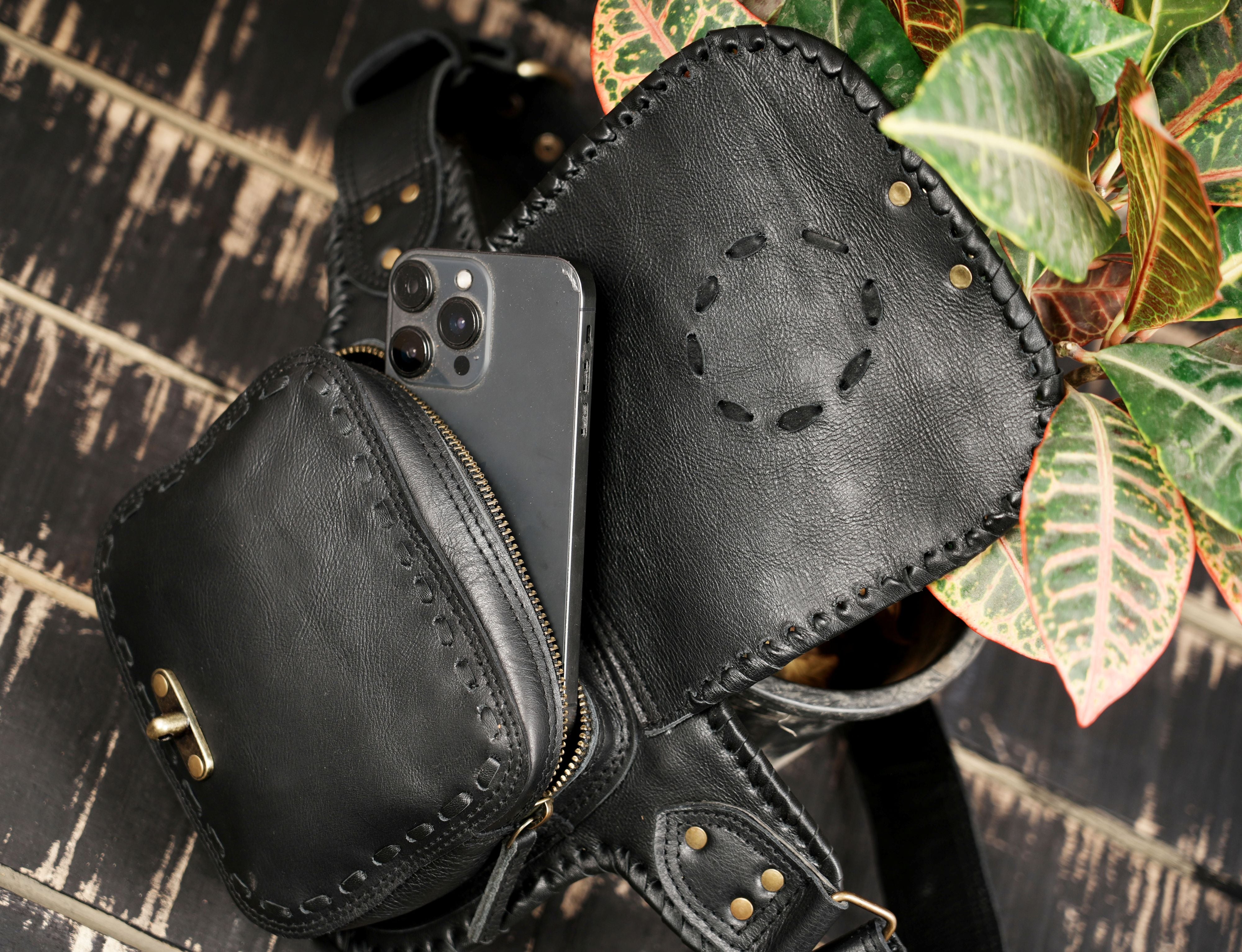 Adjustable leather waist bag belt with brass rivets and strong stitching