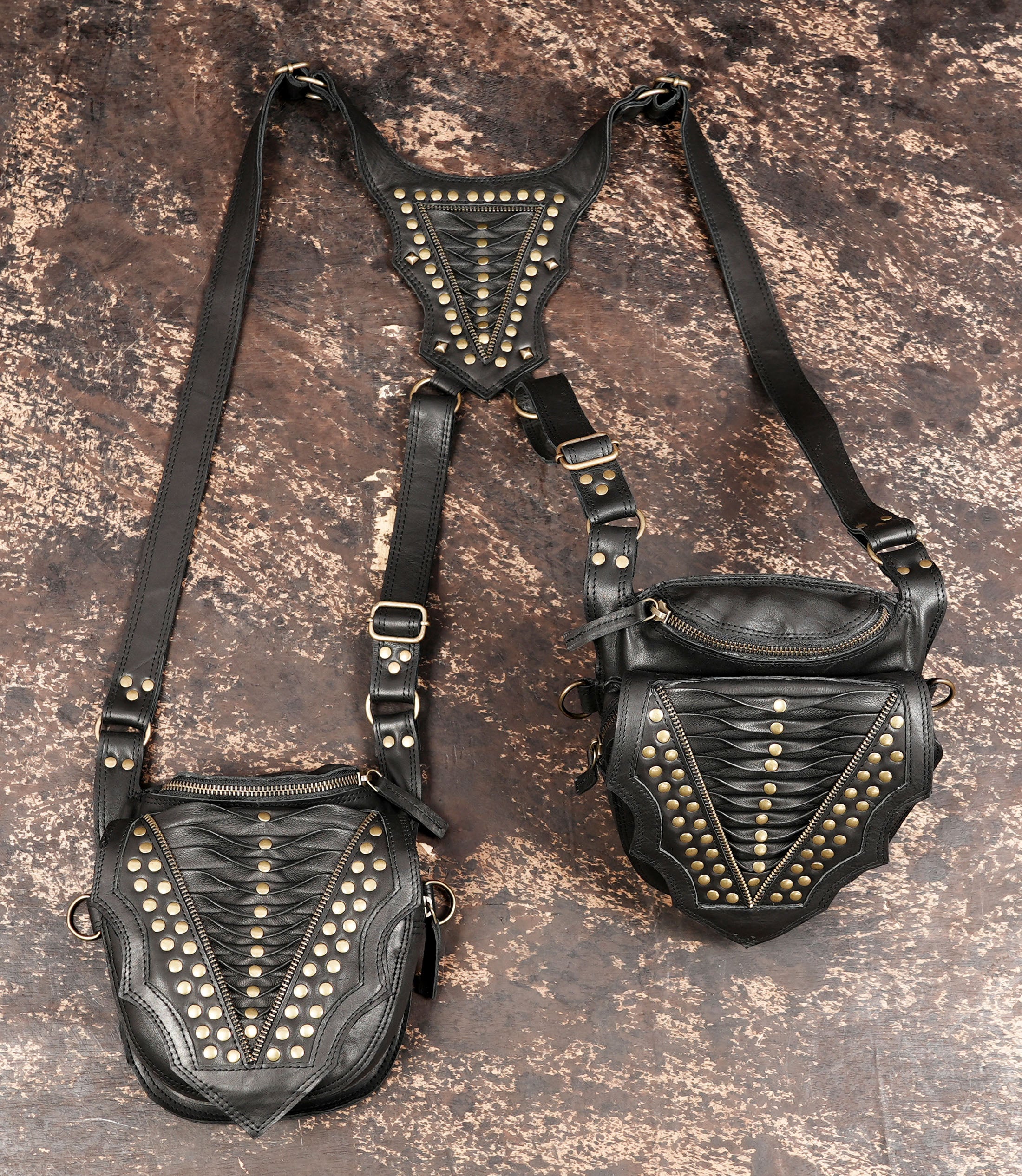 Genuine leather crossbody holster bag with adjustable straps and rivet details