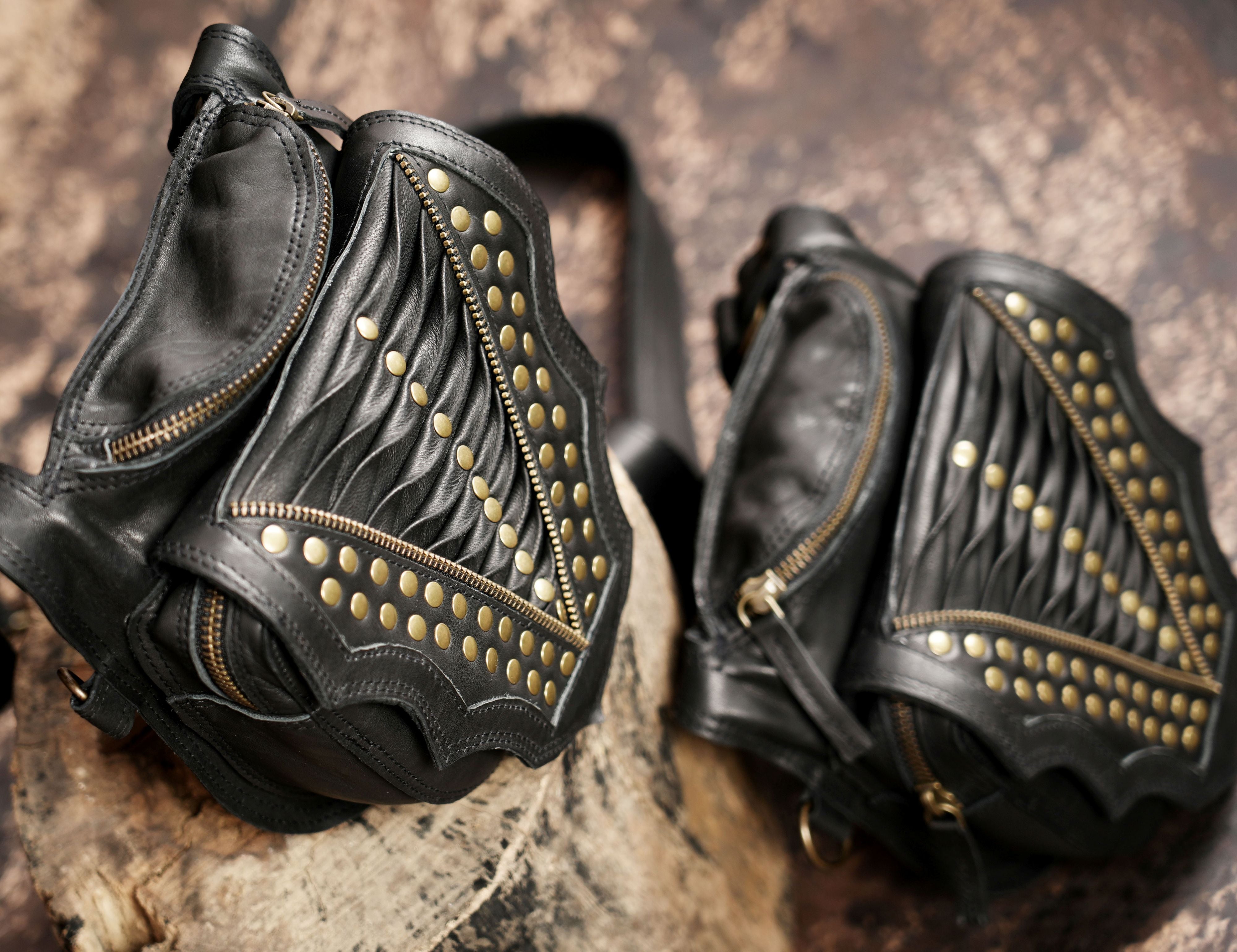 Leather harness holster with dual storage pockets and strong stitching