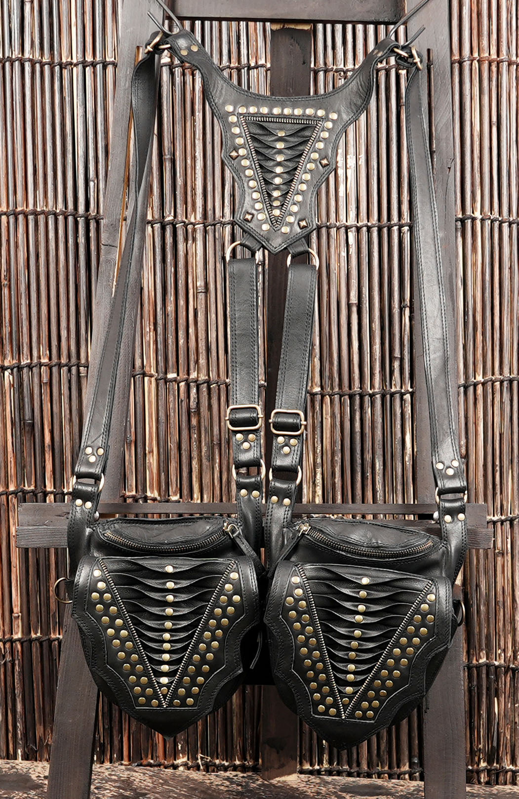 Handmade Leather Shoulder Holster with Dual Pouches | Steampunk Gothic Style | Premium Black Leather Holster | Dual Pocket Hands Free Utility Bag (LT/AB/HLS/6014)