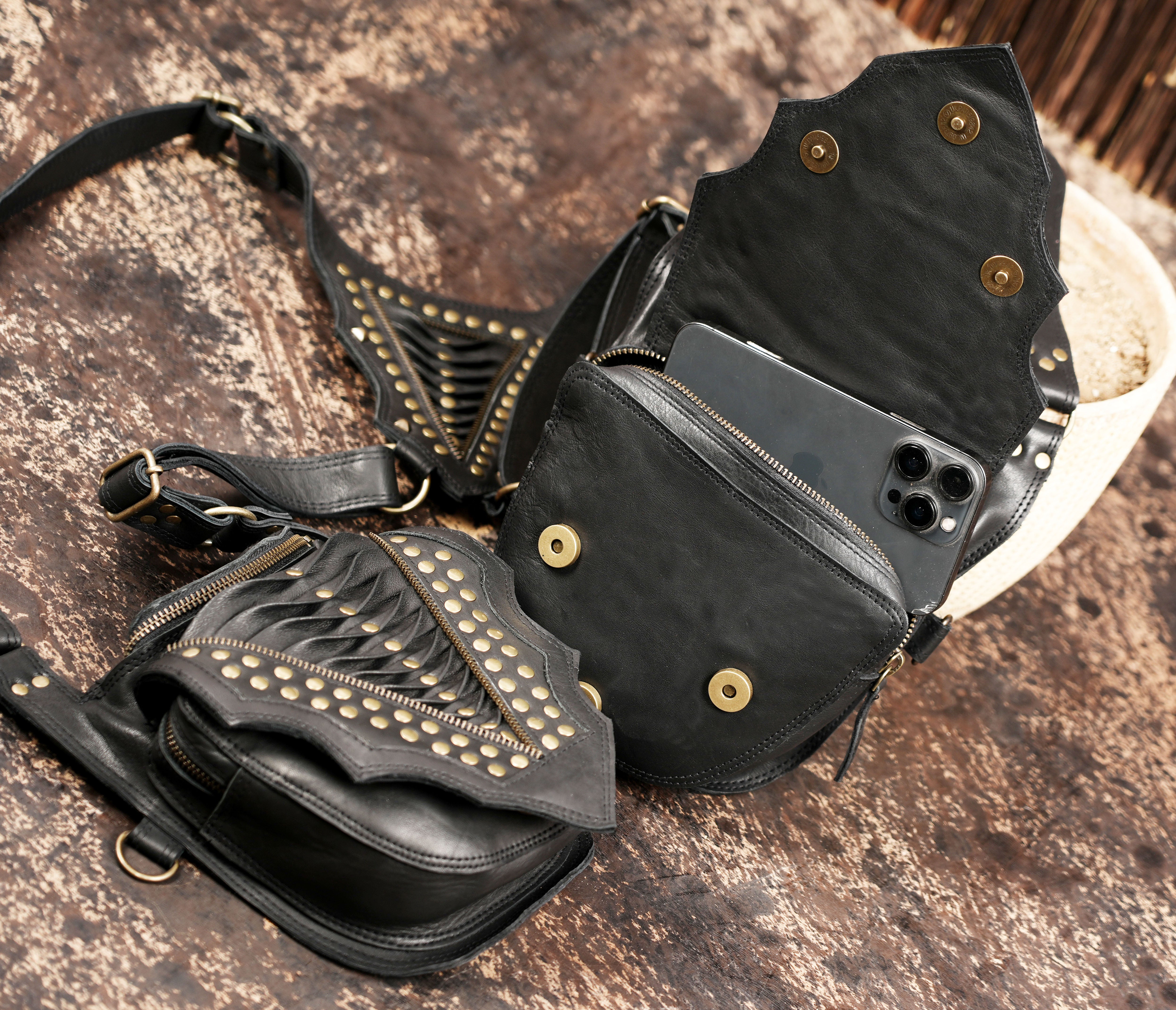 Artisan made leather holster bag with gothic and tribal inspired look