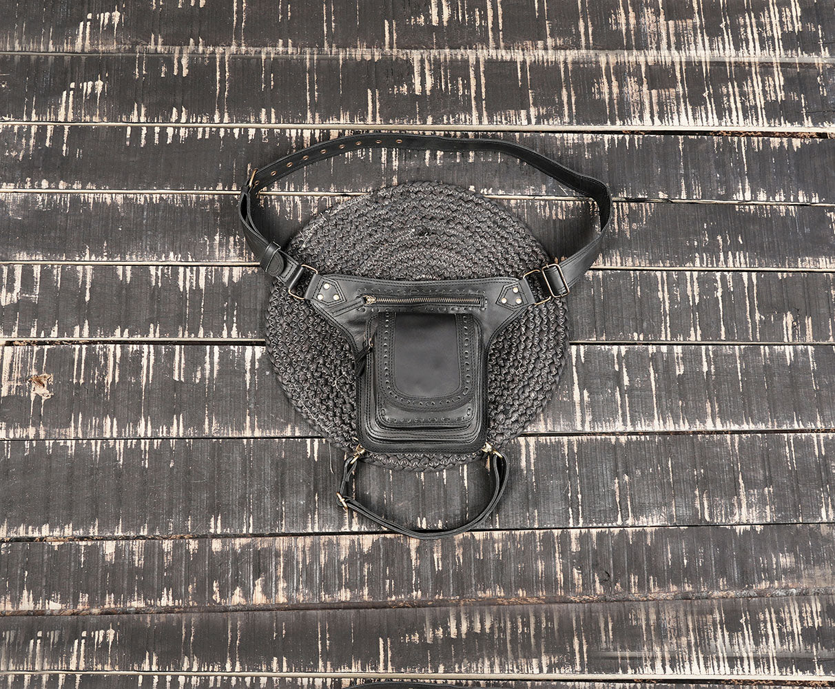 Black genuine leather waist thigh belt with zip pocket and adjustable straps