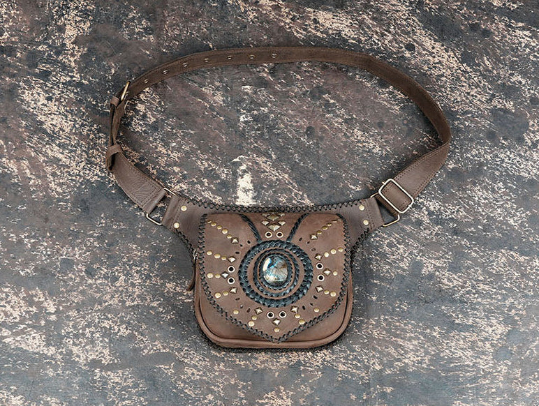 Handmade leather waist belt with front utility pouch and stone detail