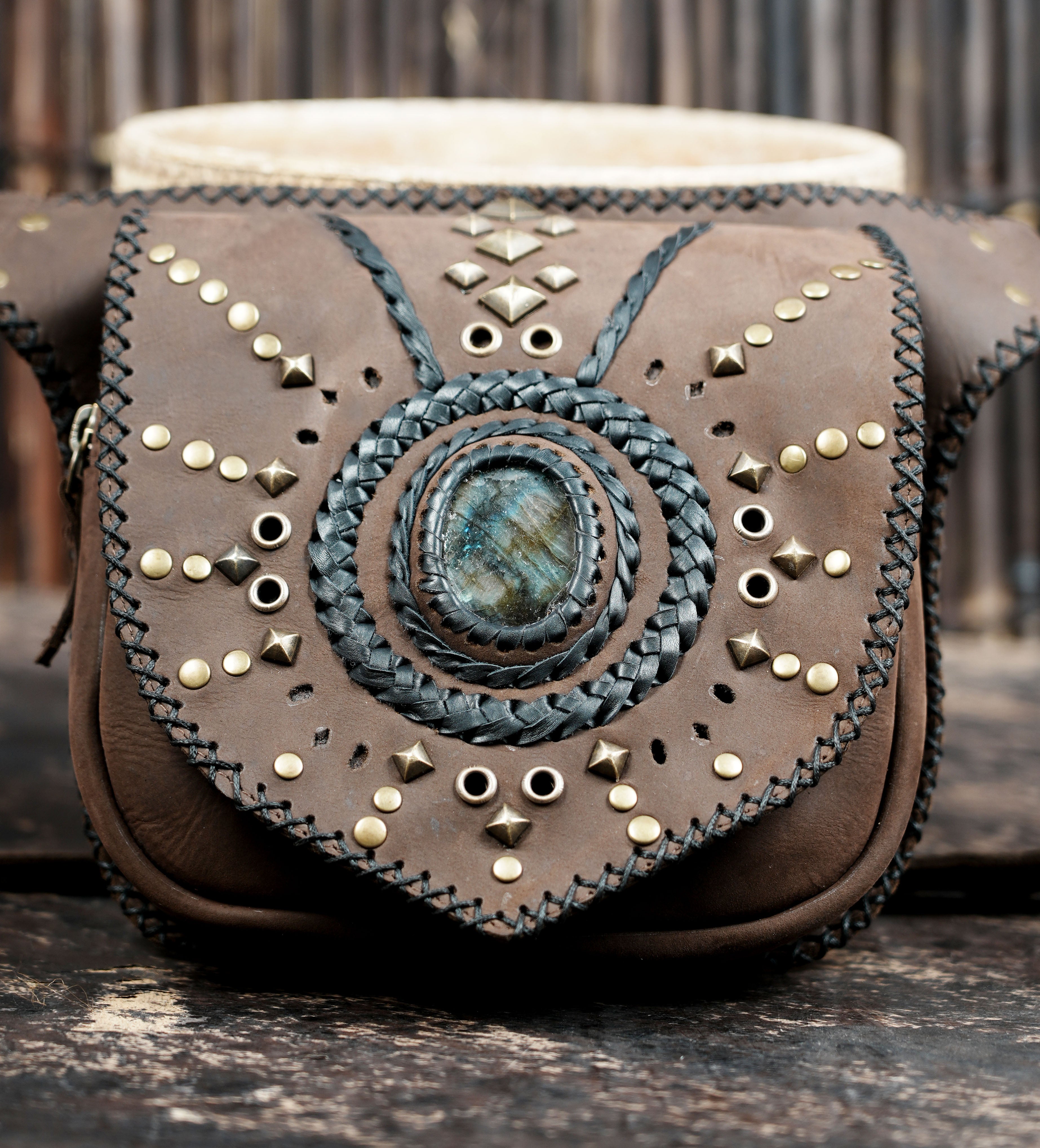 Handmade Leather Waist Belt with Front Utility Pouch || Decorative Leather Waist Belt with Stone Centerpiece (LT/AB/WB/6073)