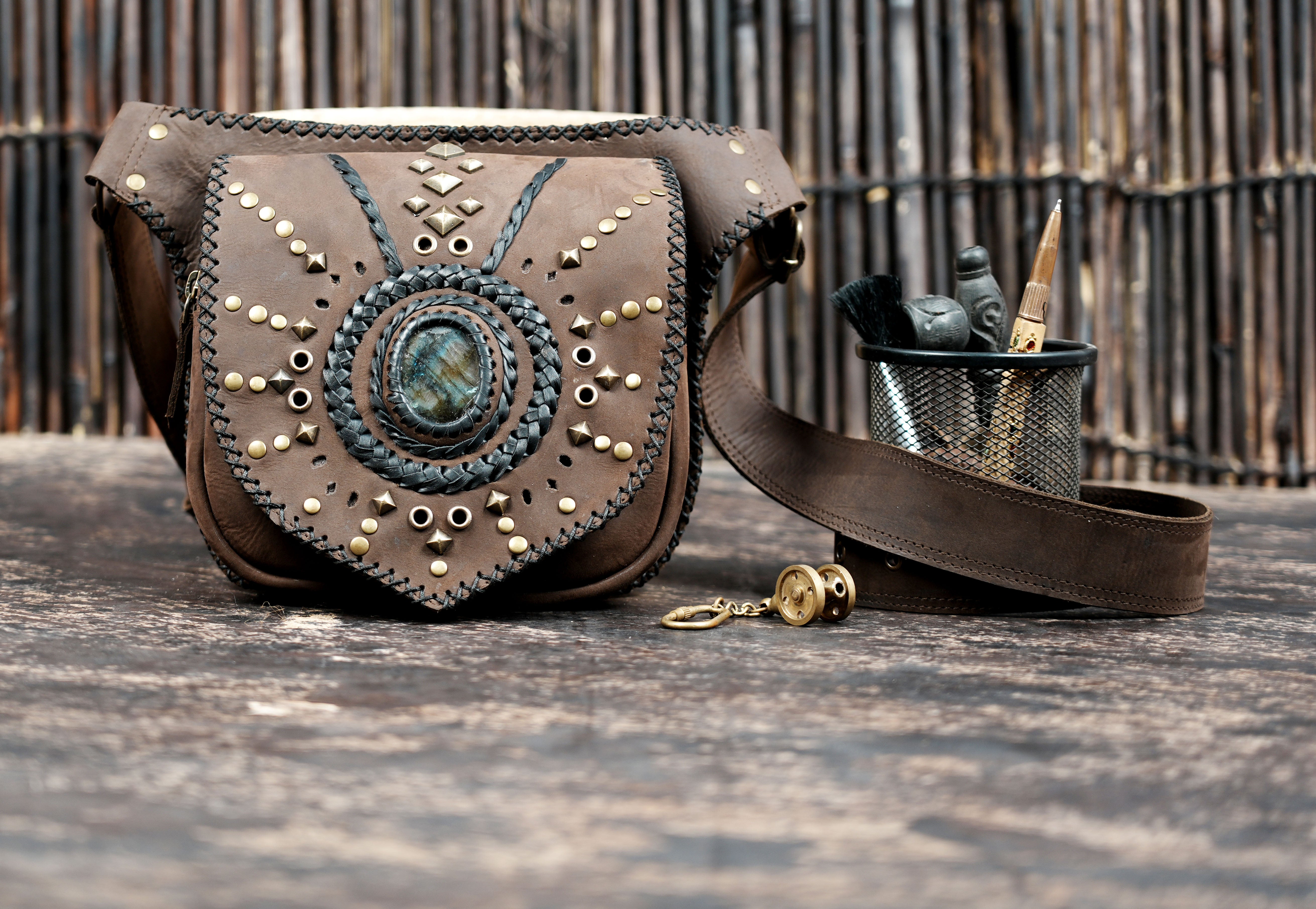 Unisex leather waist pouch belt with detailed craftsmanship