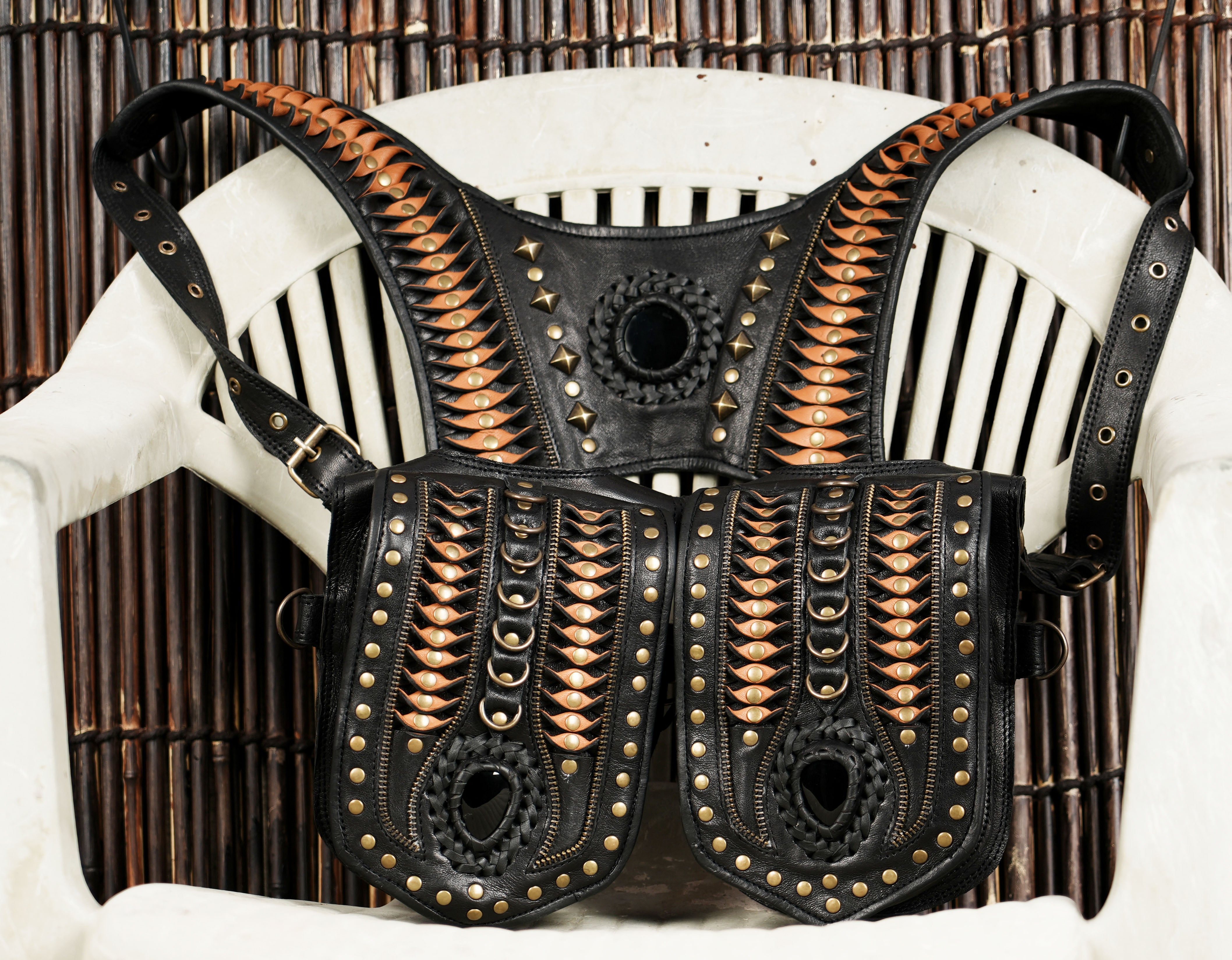 Handmade Black Leather Shoulder Holster with Dual Utility Pouches || Steampunk Black Leather Shoulder Holster with Dual Pockets (LT/AB/HLS/6053)