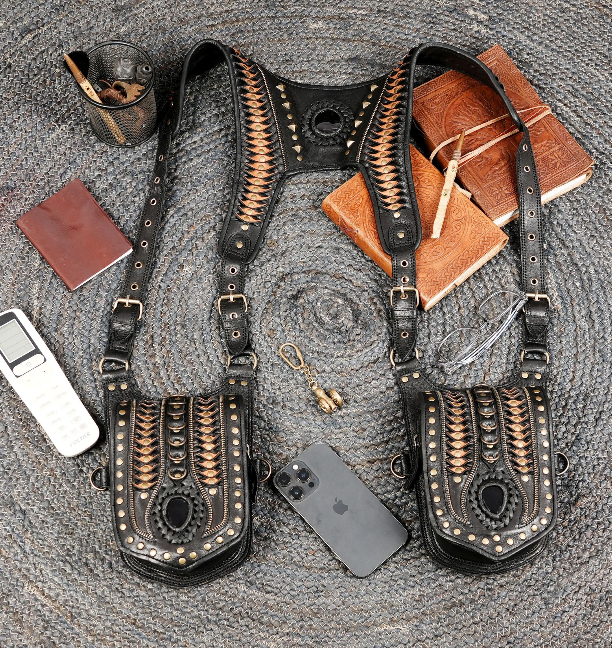 Handmade Black Leather Shoulder Holster with Dual Utility Pouches || Steampunk Black Leather Shoulder Holster with Dual Pockets (LT/AB/HLS/6053)