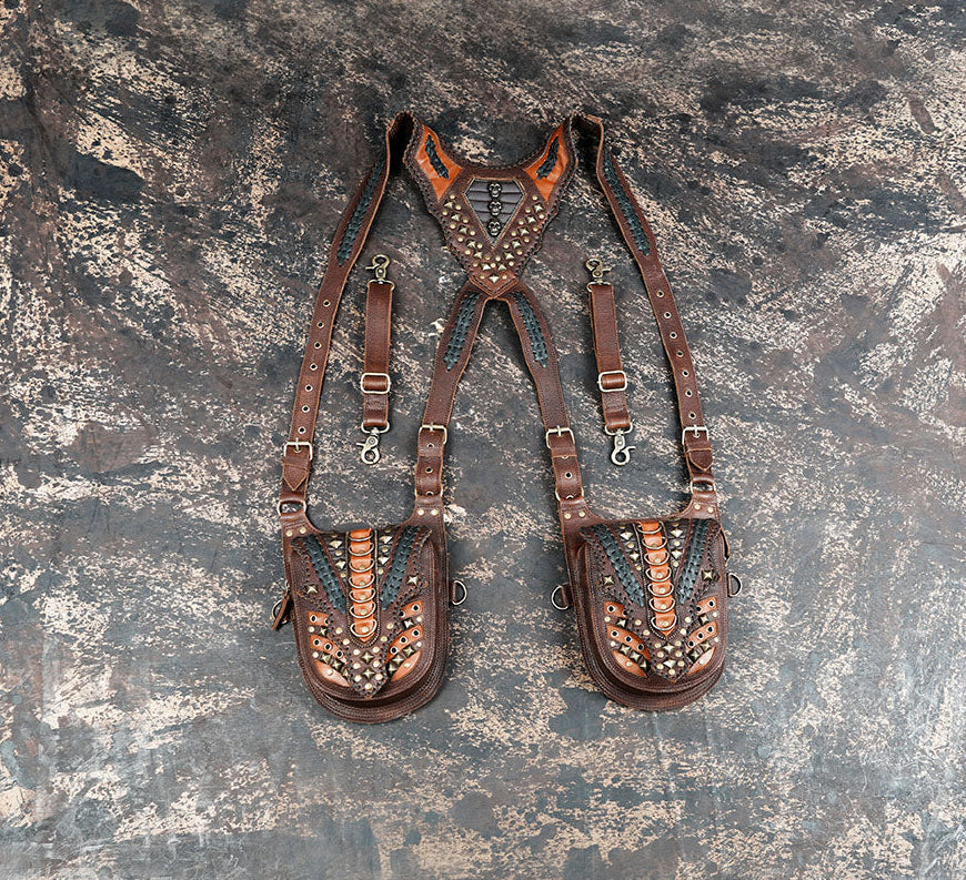 Handmade genuine leather shoulder holster with dual pouches and stud detailing