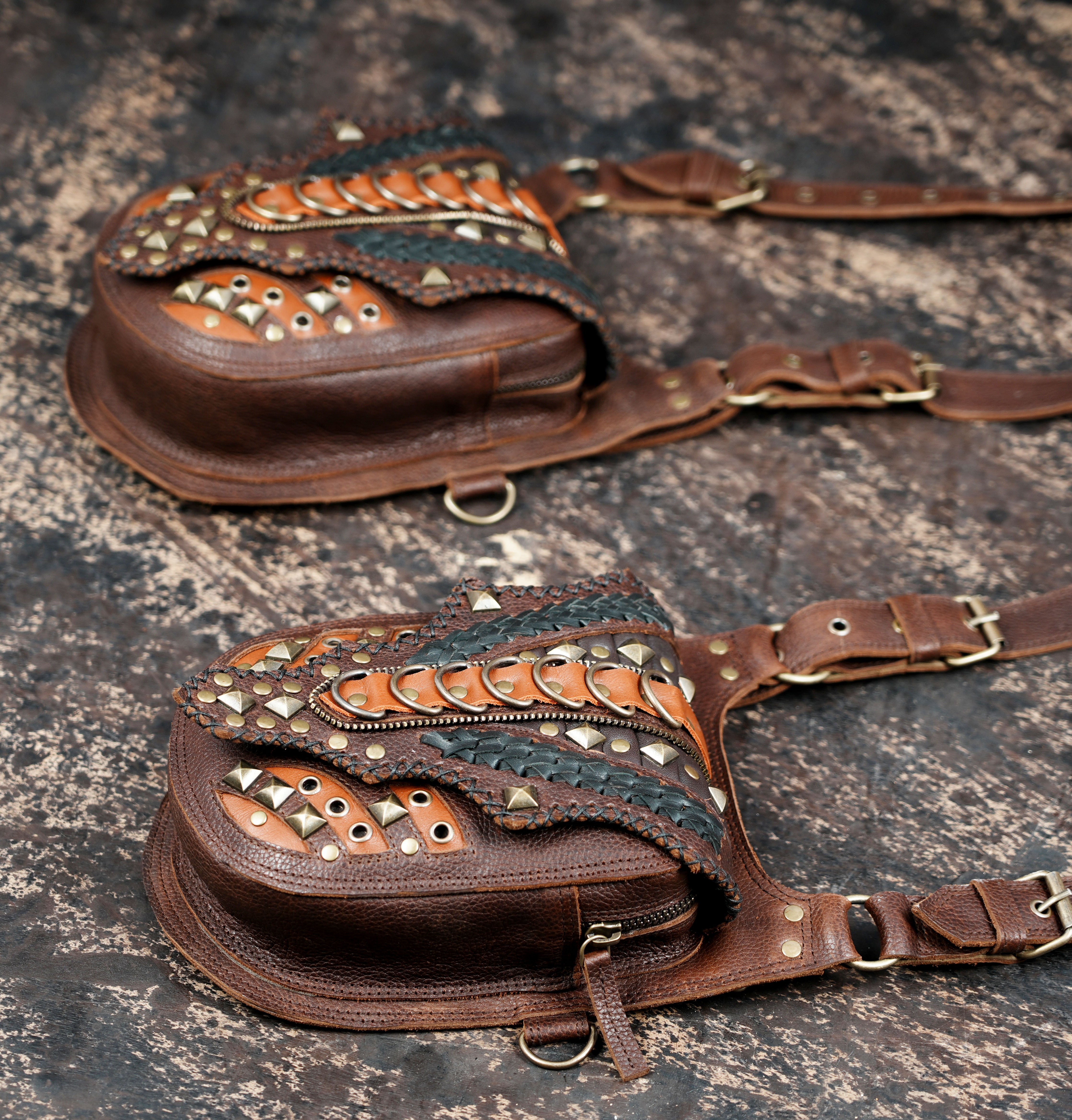 Unisex leather shoulder holster bag with vintage metal hardware