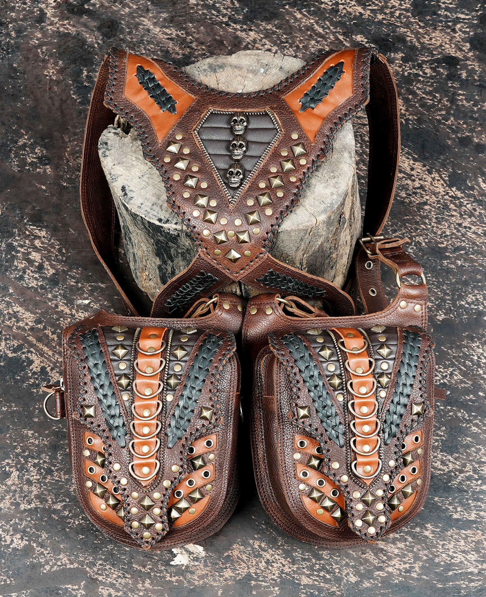 Steampunk leather chest holster with adjustable buckles and clips