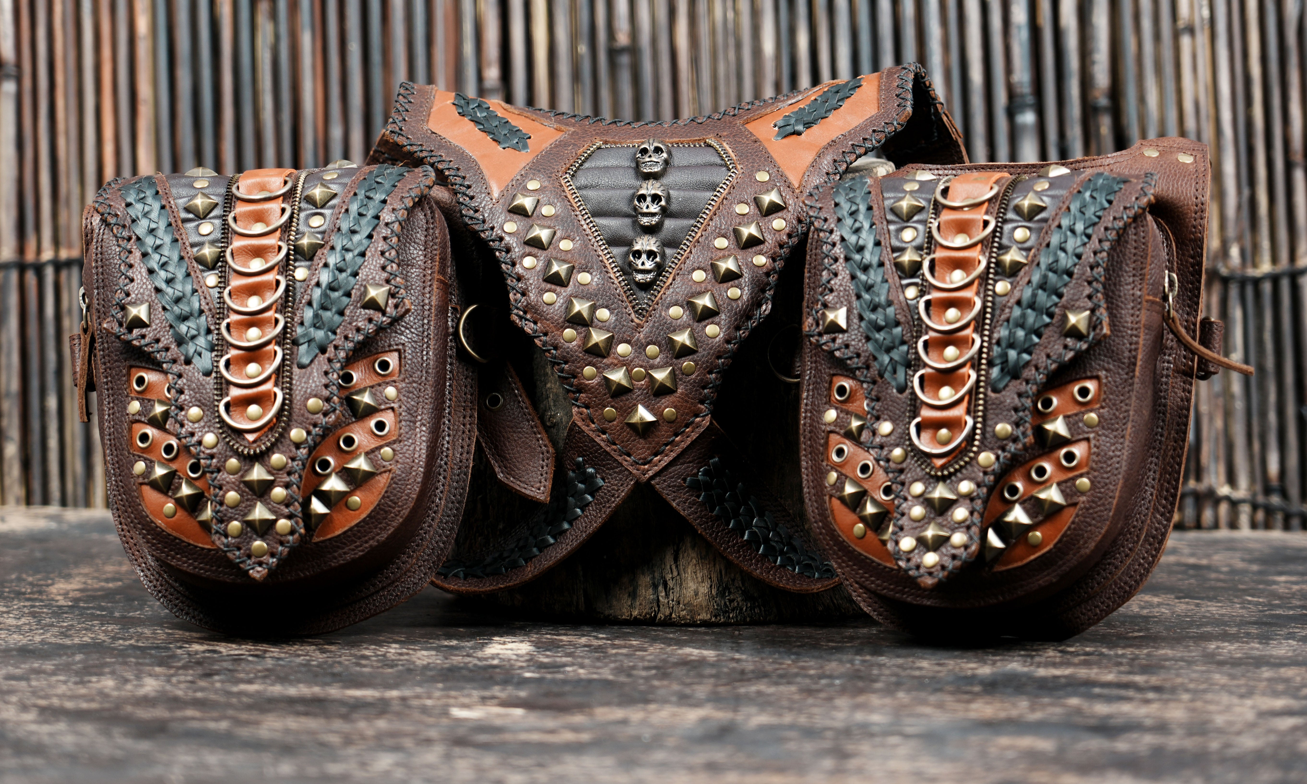 Premium brown leather utility holster with studs and zipper pockets