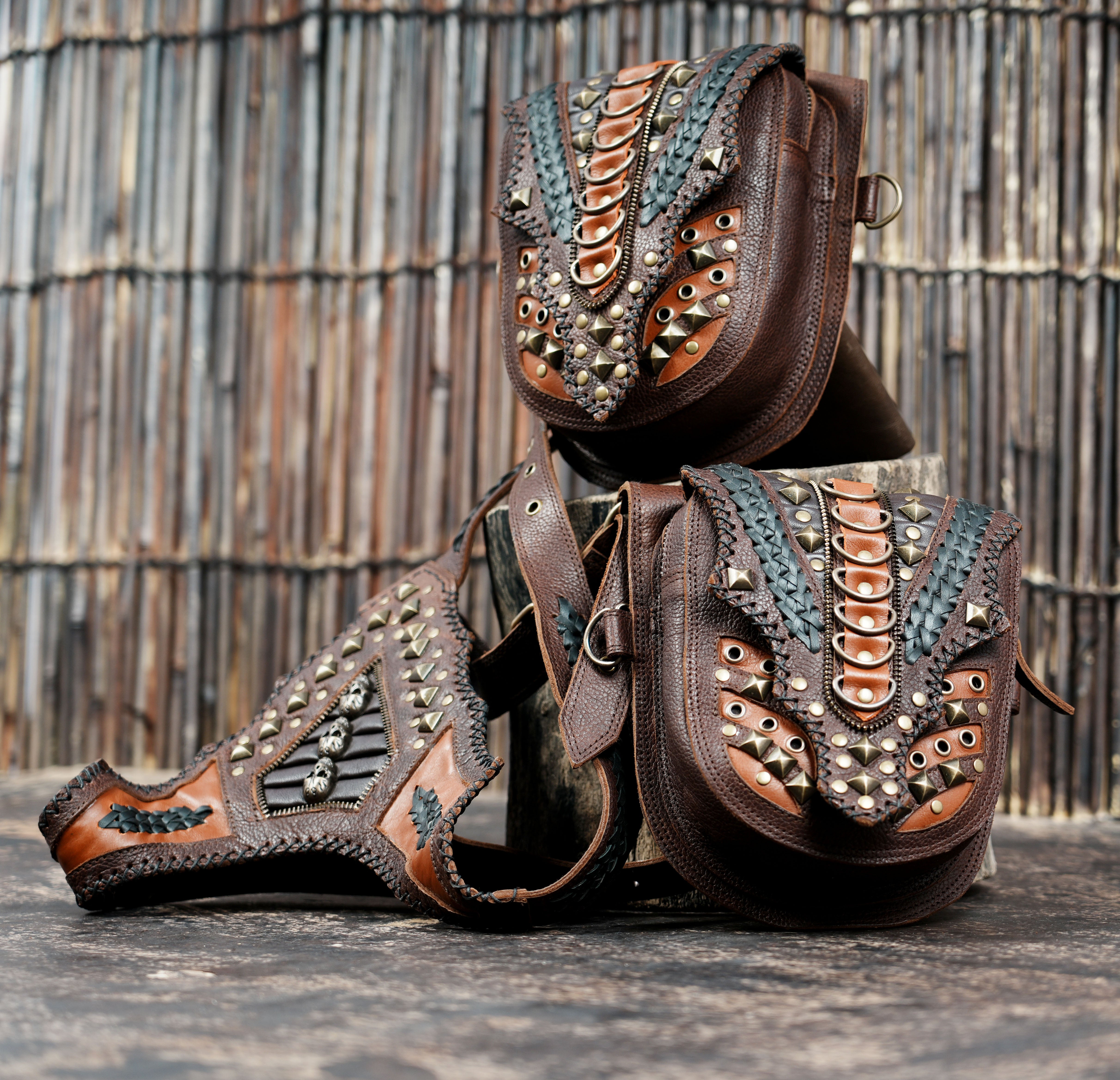 Festival leather holster with hand-tooled details and secure straps