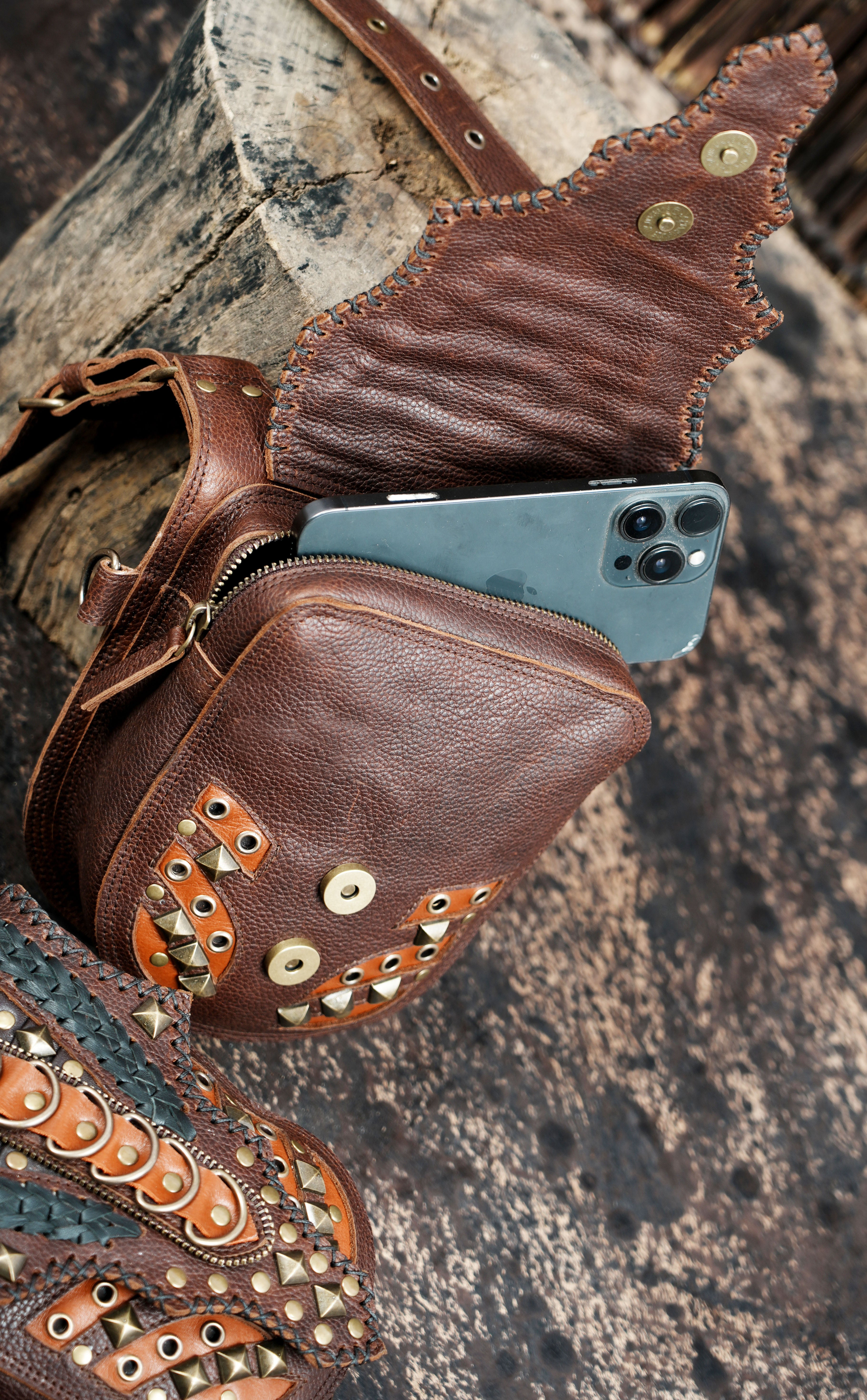 Artisan leather holster harness for hands-free carrying essentials