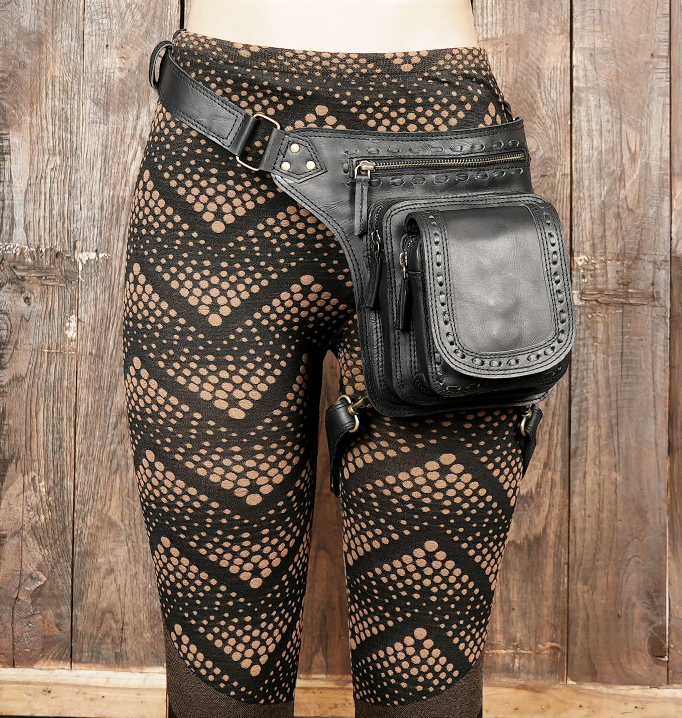 Adjustable leather waist thigh belt with practical front pouch