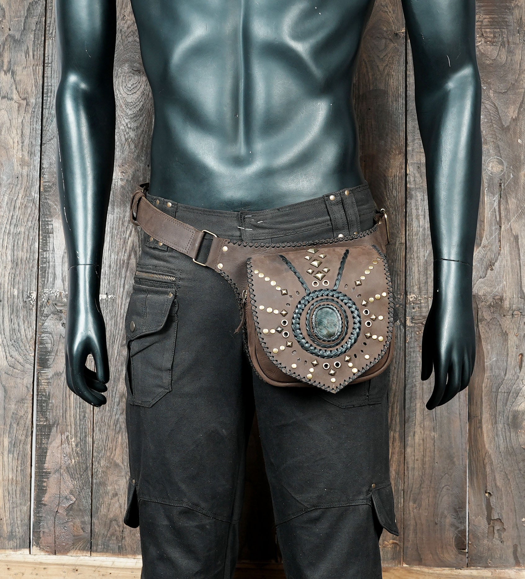 High quality leather waist pouch with braided and studded finish