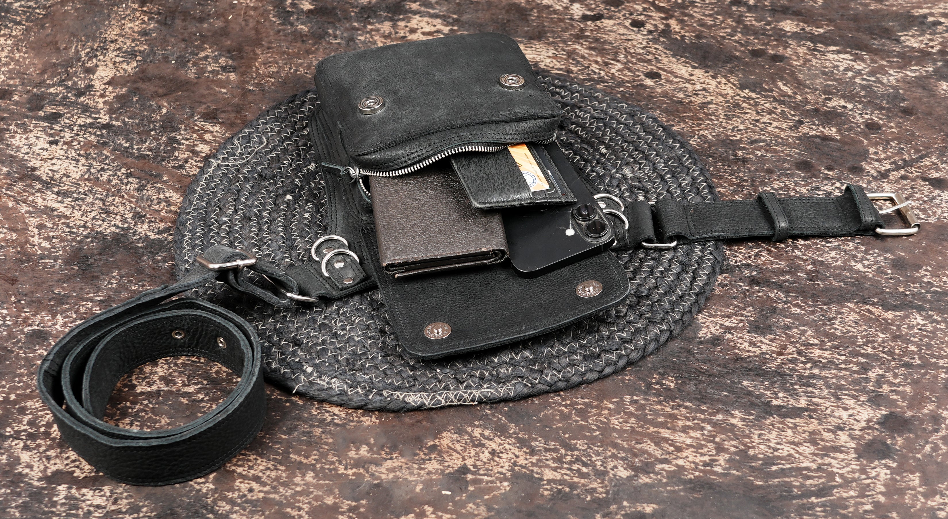 minimalist leather waist bag black