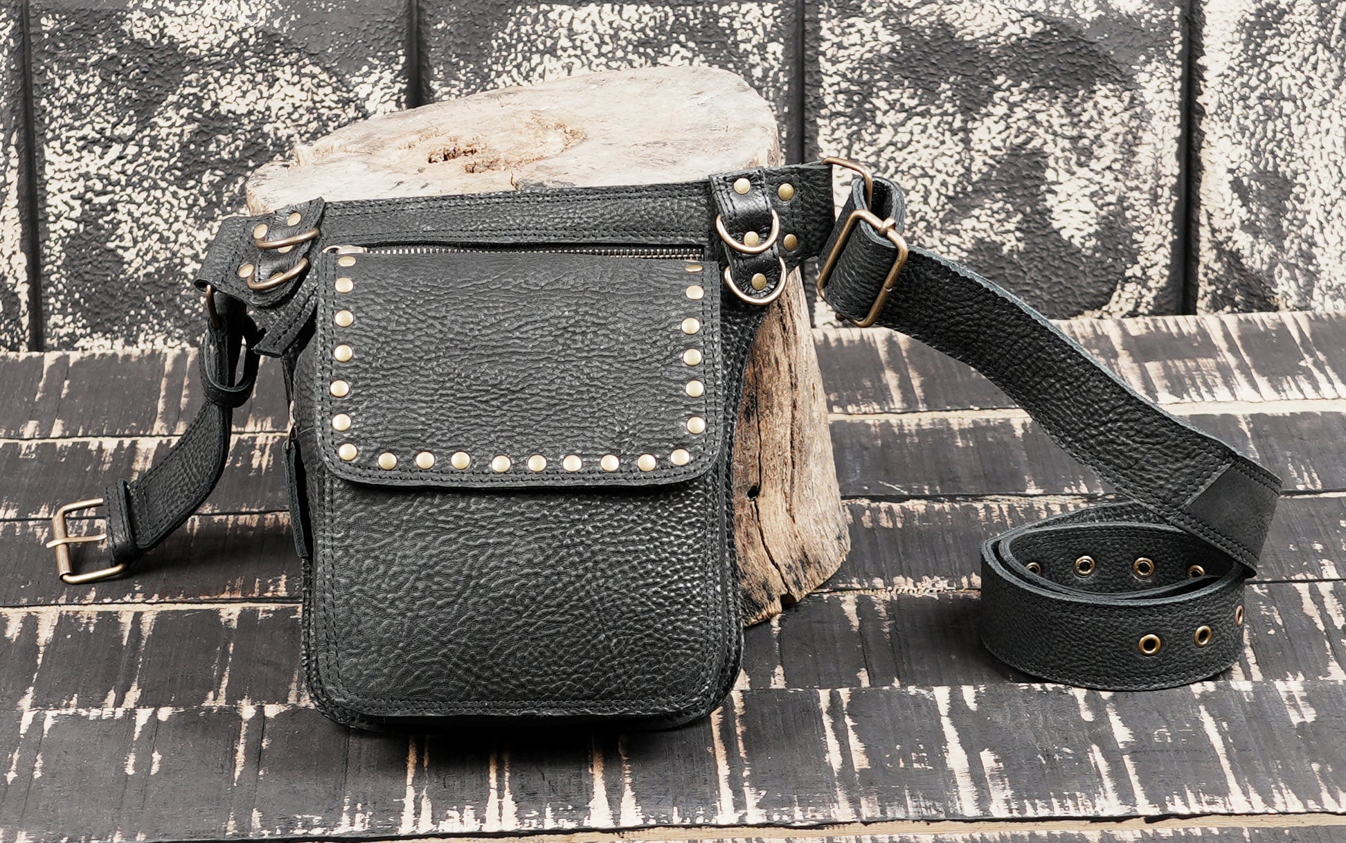 Black Genuine Leather Waist Belt Bag with Stud Detail || Unisex Black Leather Utility Waist Bag with Adjustable Belt (LT/AB/WB/6209)