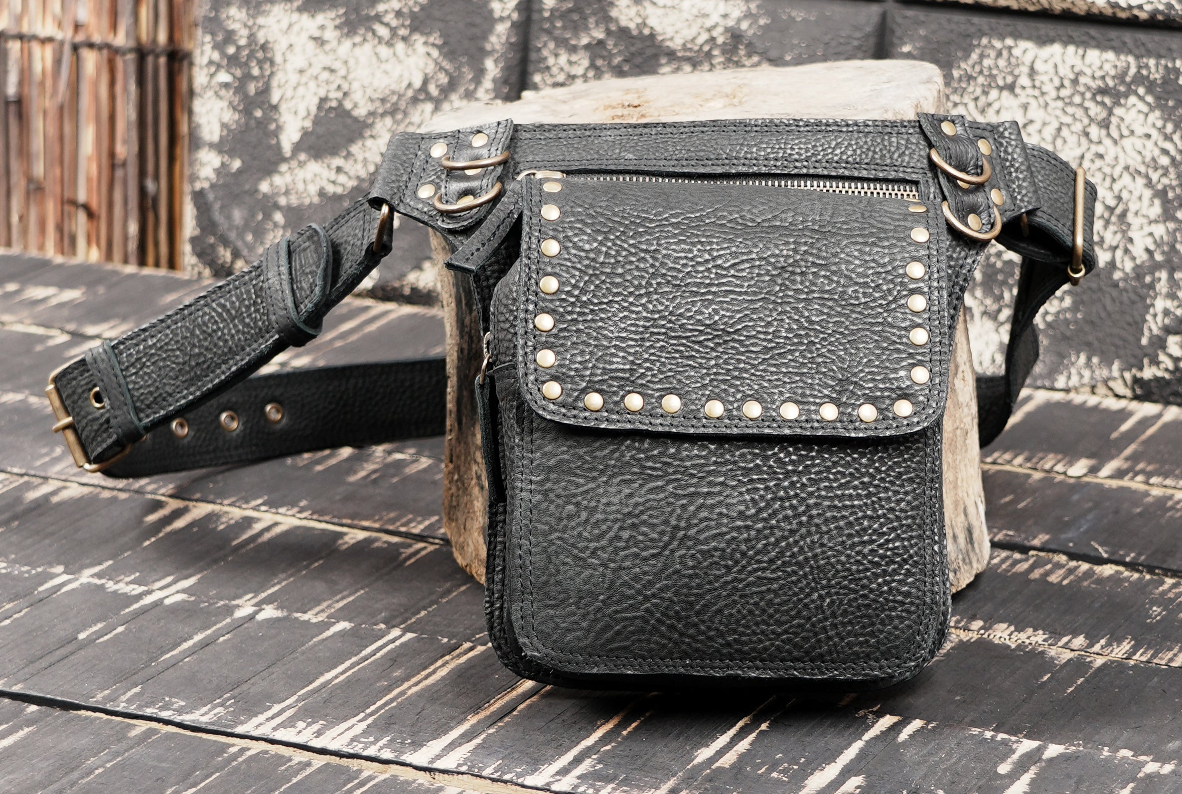 Black Genuine Leather Waist Belt Bag with Stud Detail || Unisex Black Leather Utility Waist Bag with Adjustable Belt (LT/AB/WB/6209)