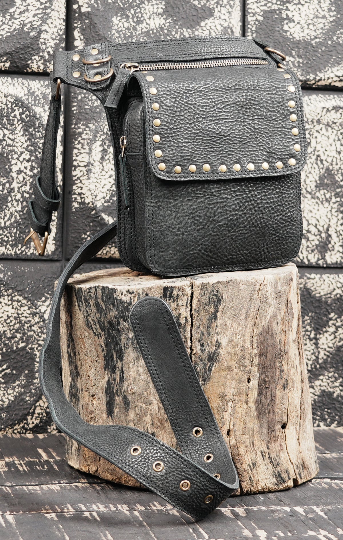 Black Genuine Leather Waist Belt Bag with Stud Detail || Unisex Black Leather Utility Waist Bag with Adjustable Belt (LT/AB/WB/6209)