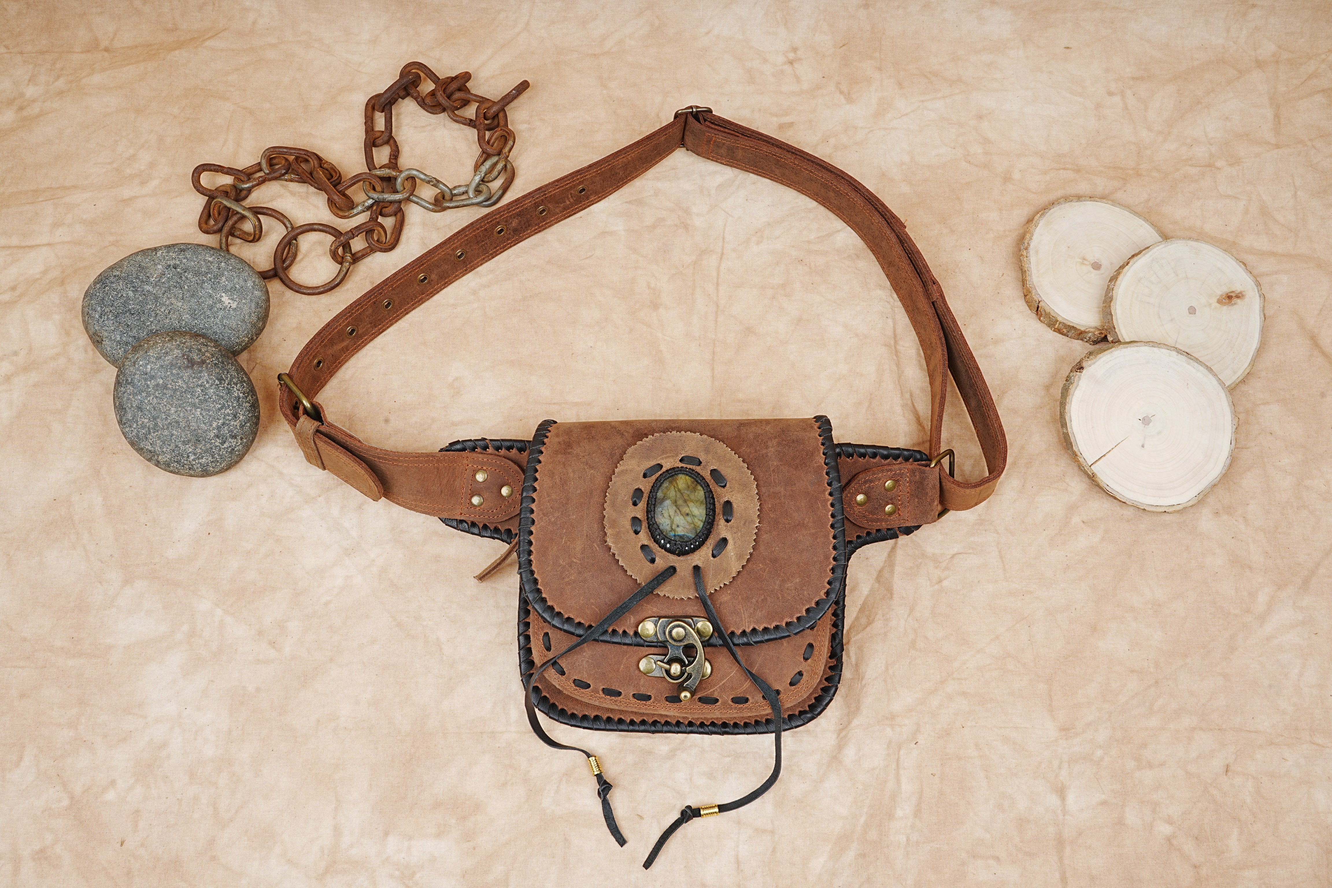 Handmade Leather Utility Waist Belt Bag || Hip Belt with real gemstone || Festival Fanny Pack for Women || Gift for her