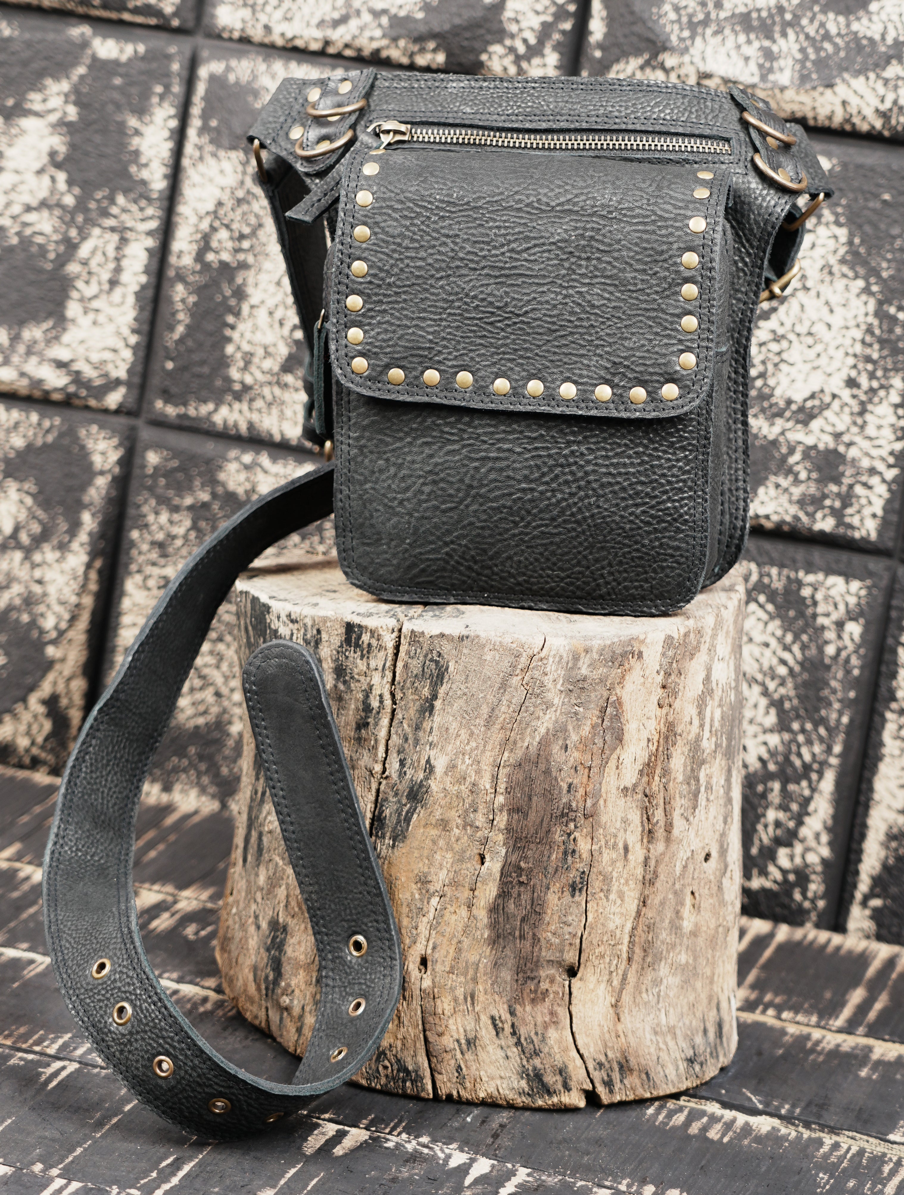 Black Genuine Leather Waist Belt Bag with Stud Detail || Unisex Black Leather Utility Waist Bag with Adjustable Belt (LT/AB/WB/6209)