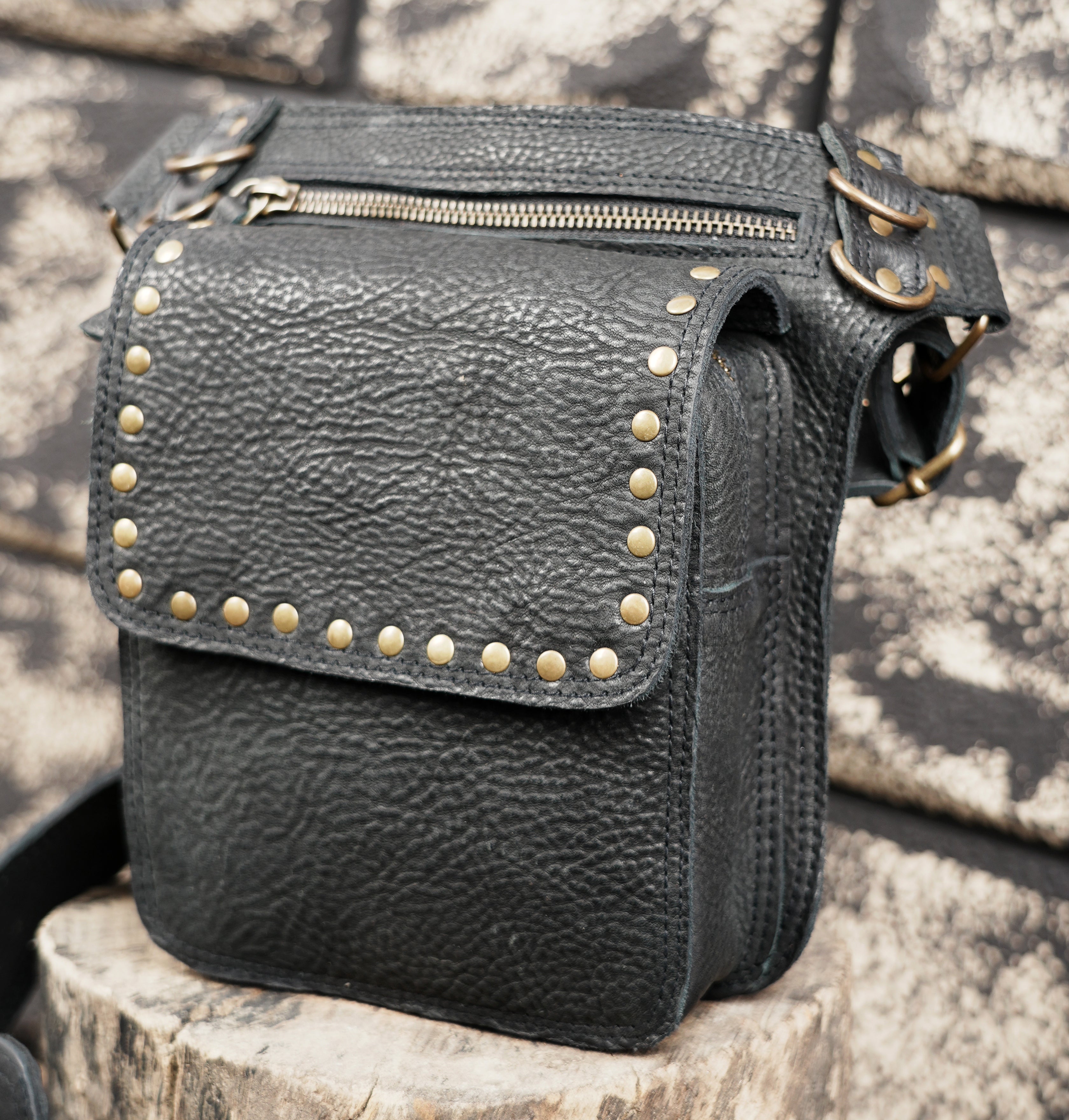 Black Genuine Leather Waist Belt Bag with Stud Detail || Unisex Black Leather Utility Waist Bag with Adjustable Belt (LT/AB/WB/6209)