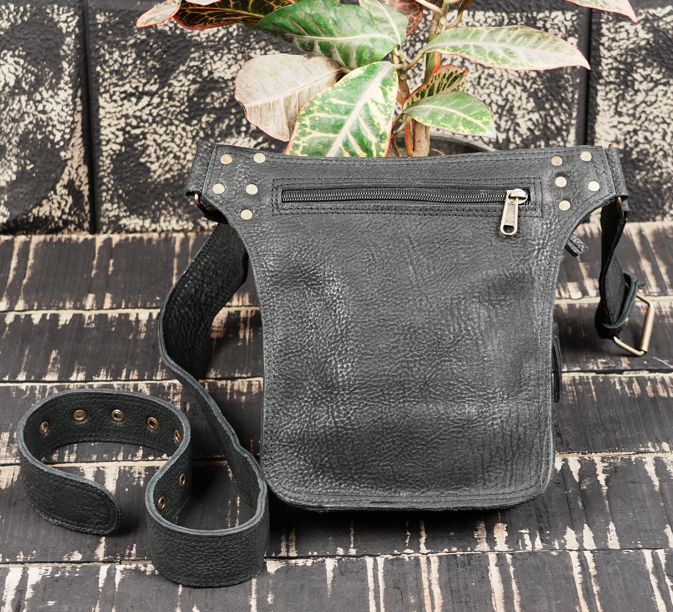 Black Genuine Leather Waist Belt Bag with Stud Detail || Unisex Black Leather Utility Waist Bag with Adjustable Belt (LT/AB/WB/6209)