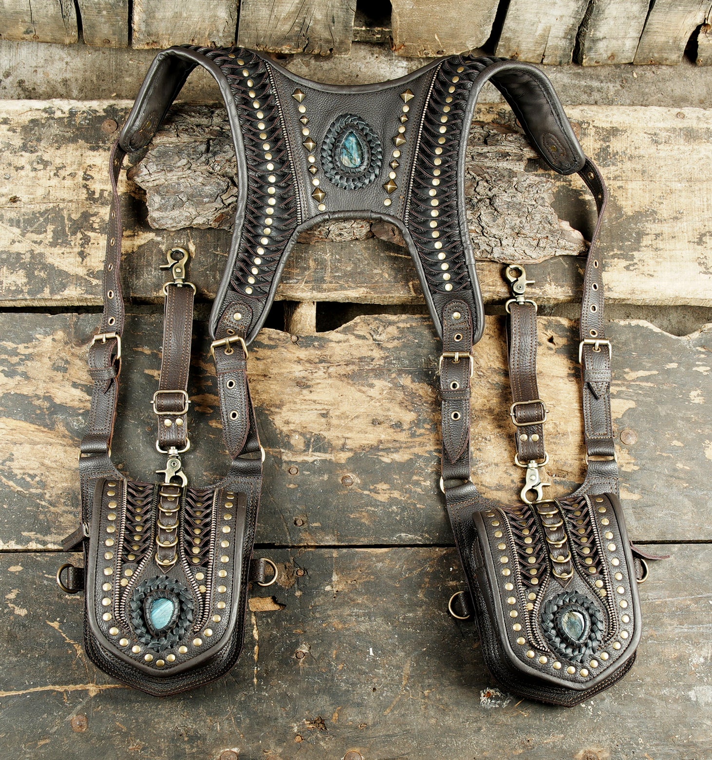 Handmade Black Leather Shoulder Holster Harness with Dual Utility Pouches | Adjustable Chest Rig | Gothic Steampunk Leather Holster (LT/AB/HLS/6053)