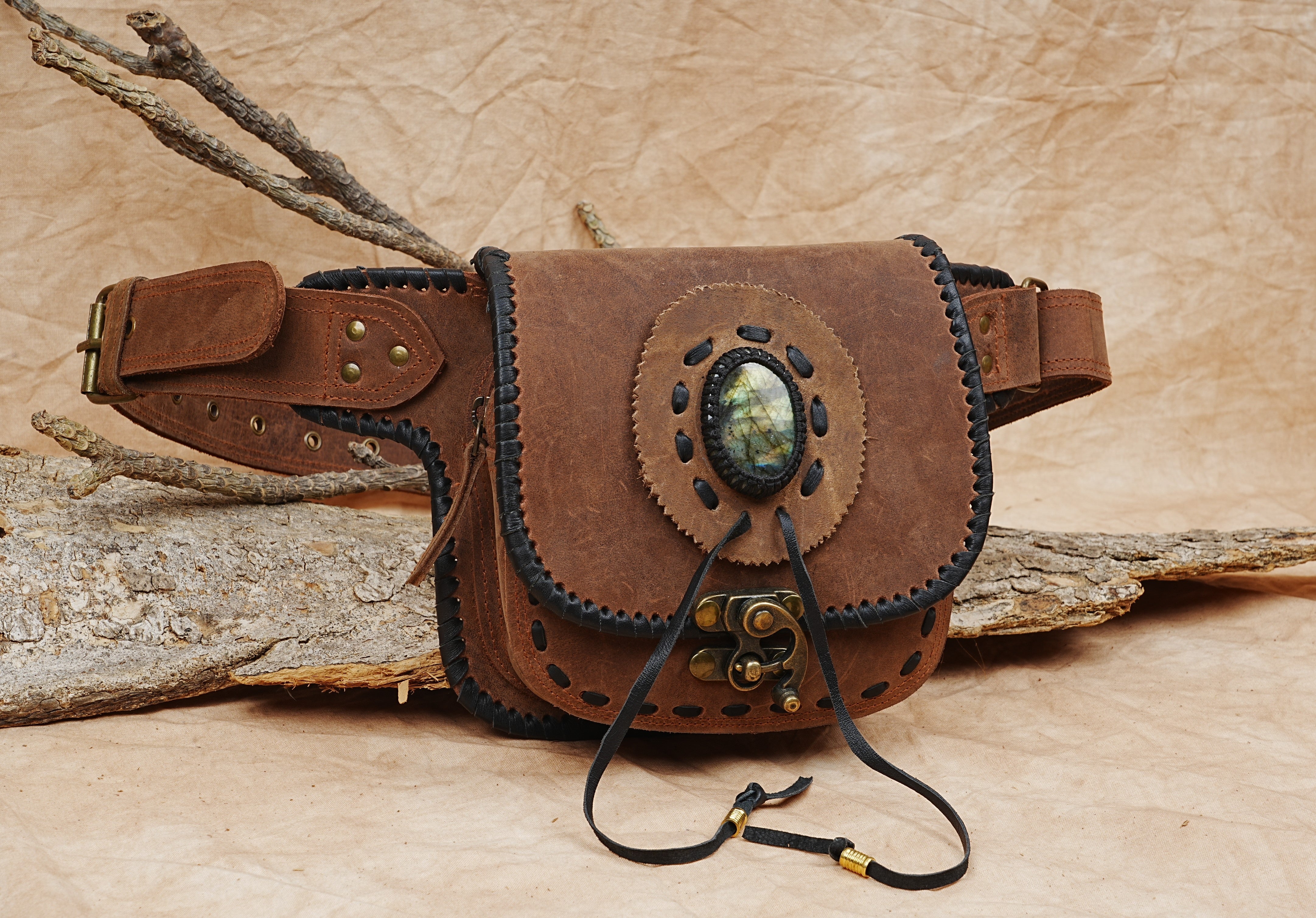 Handmade Leather Utility Waist Belt Bag || Hip Belt with real gemstone || Festival Fanny Pack for Women || Gift for her