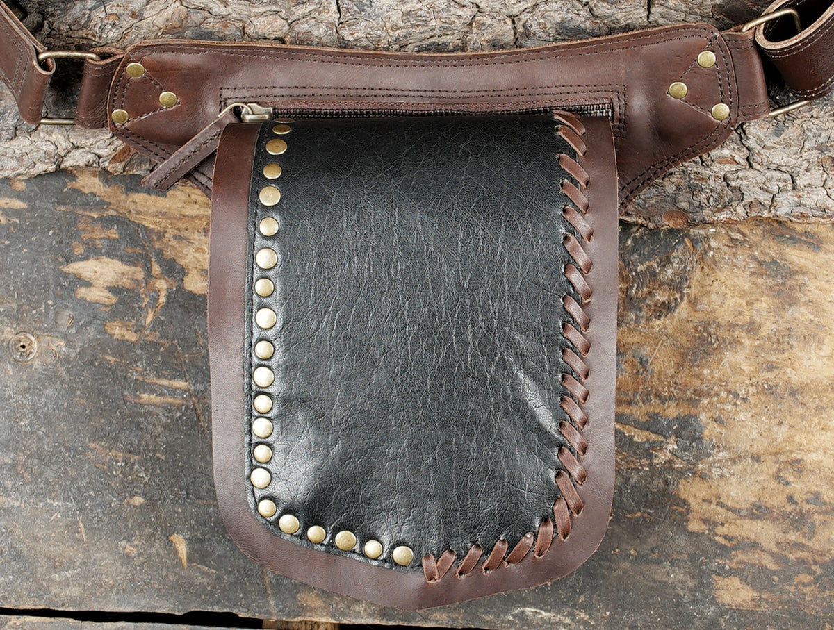 Brown buffalo leather waist bag for festival and alternative fashion   
