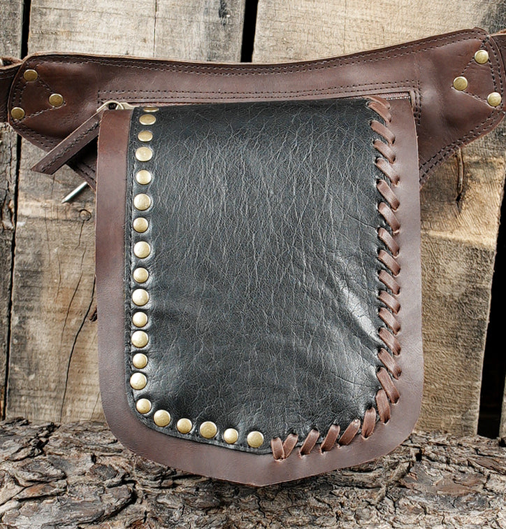  Brown leather multi pocket belt for outdoor and festival wear   