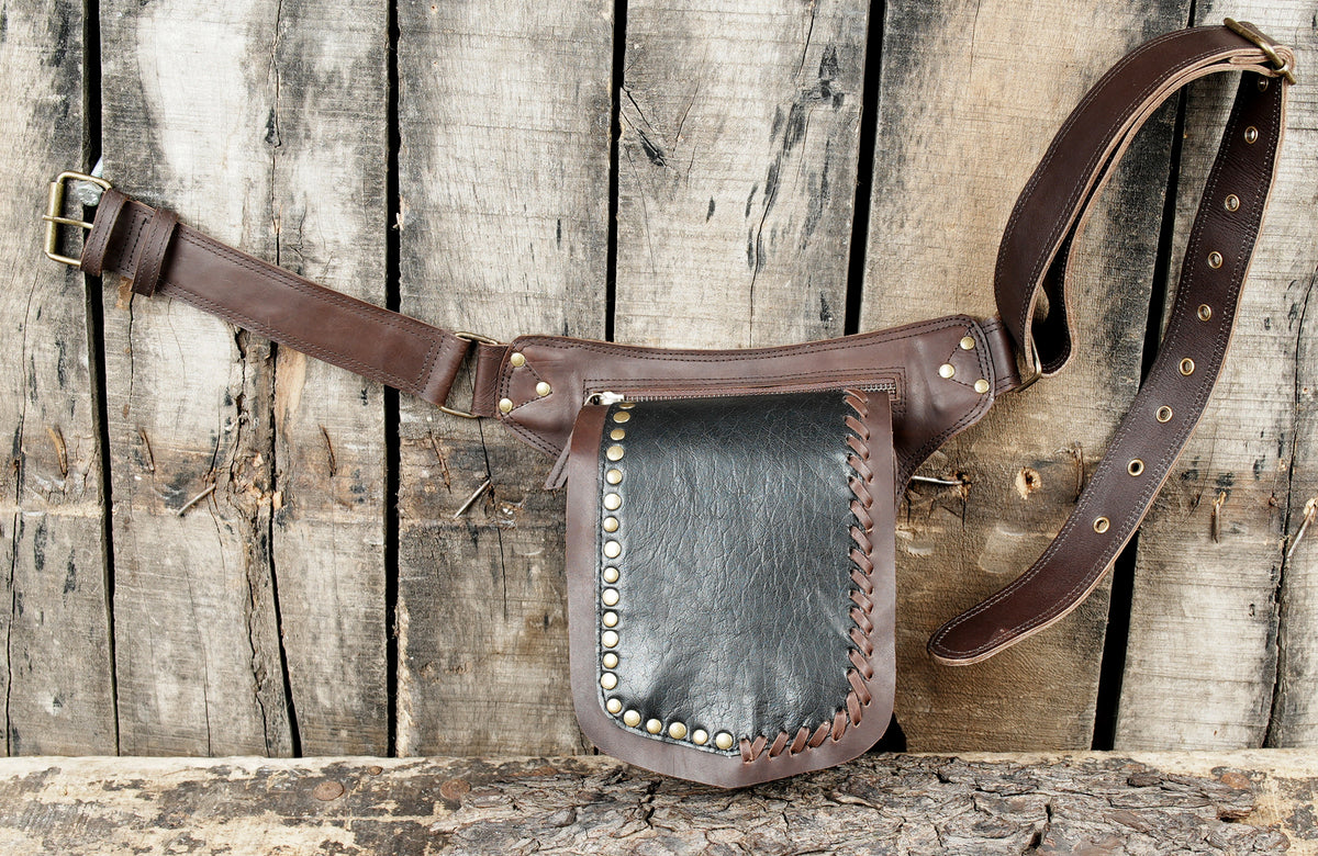 Gothic style brown leather belt with pouch and rivet accents