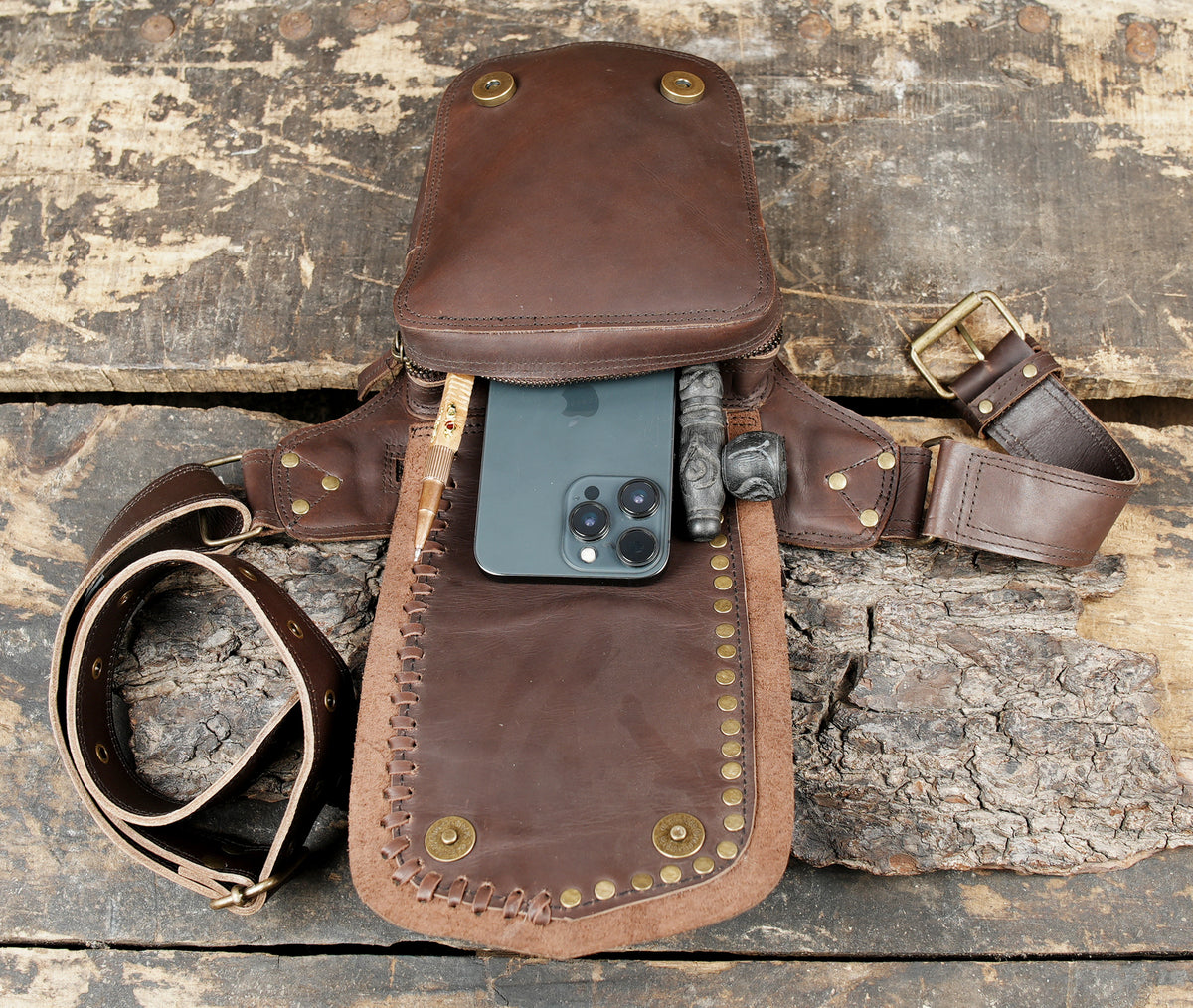  Brown leather belt with detachable pouch for urban nomad styling   