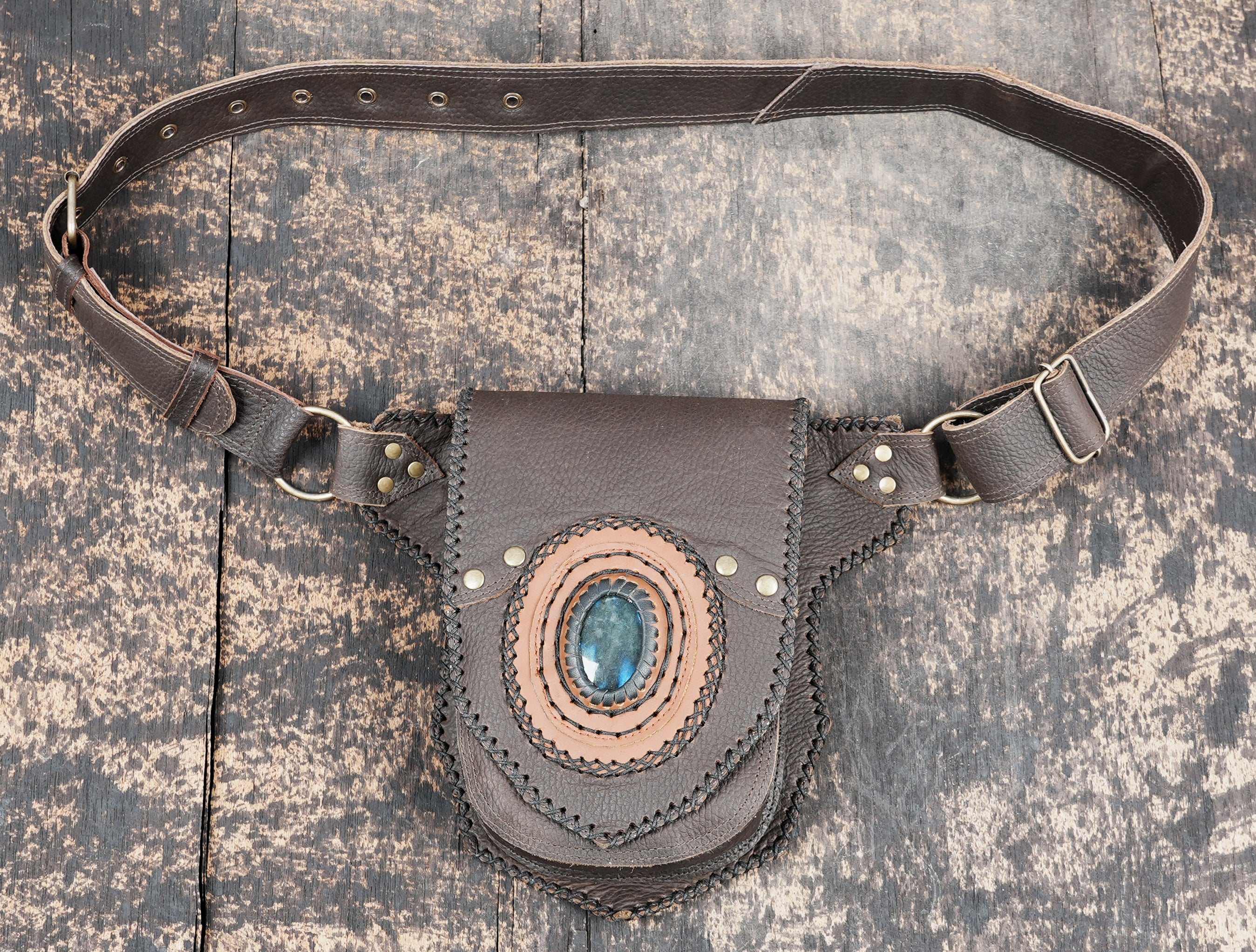 Handmade Leather Waist Belt with Front Pouch and Stone Detail || Leather Waist Belt Bag with Metal Hardware || Handmade Leather Waist Belt for Travel and Festivals (LT/AB/WB/6191)