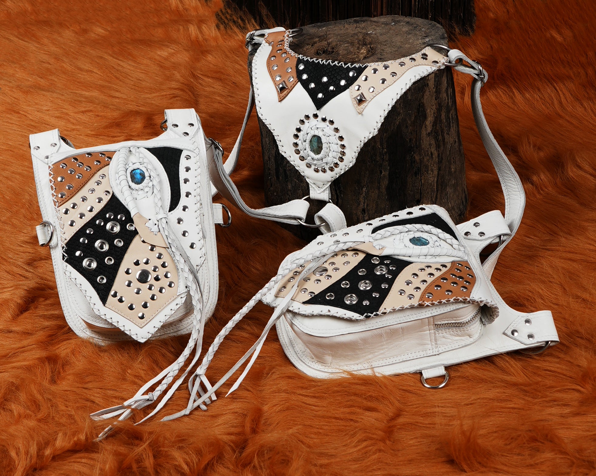 Handcrafted White Leather Dual Shoulder Holster with Stud Details || Unisex White Leather Harness Holster with Twin Pouches (LT/NS/HLS/6015)