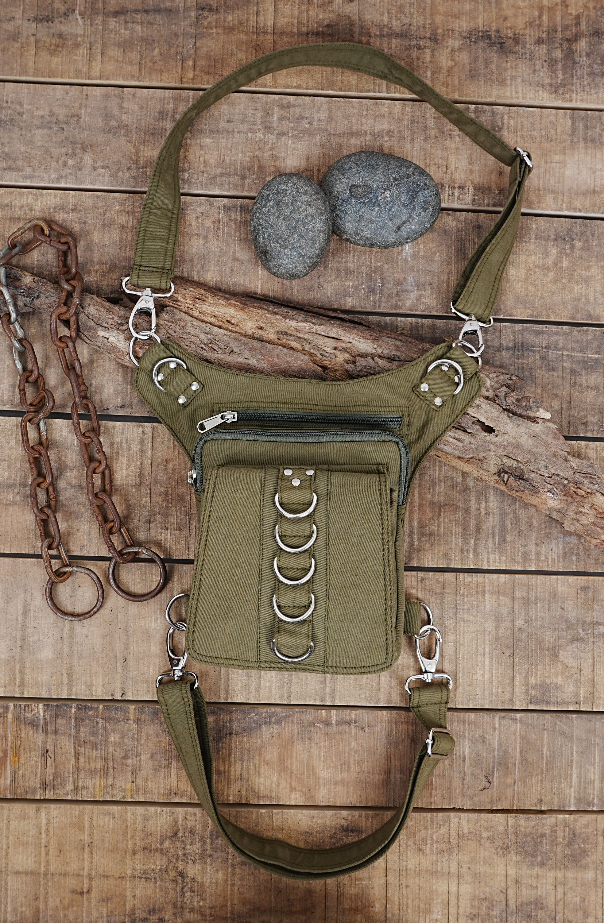 GREEN COTTON HIP BELT BAG || TRAVELLER BLACK CANVAS VEGAN || FESTIVAL UTILITY POCKET BELT ||