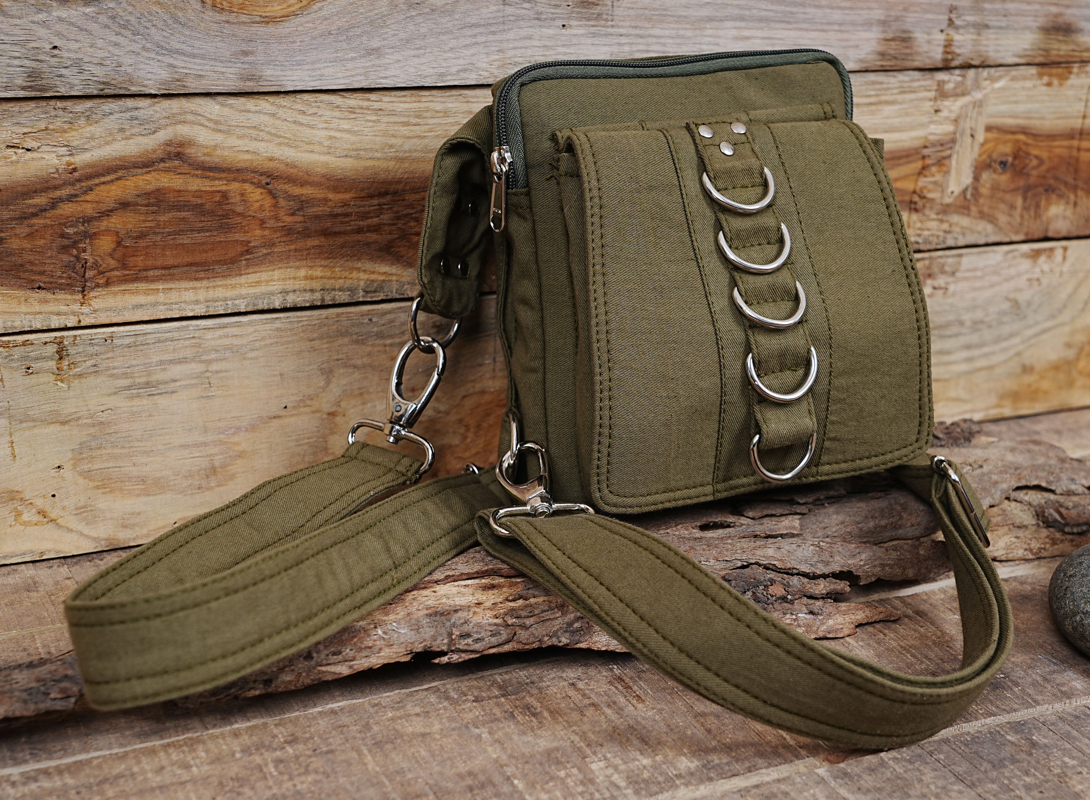 GREEN COTTON HIP BELT BAG || TRAVELLER BLACK CANVAS VEGAN || FESTIVAL UTILITY POCKET BELT ||