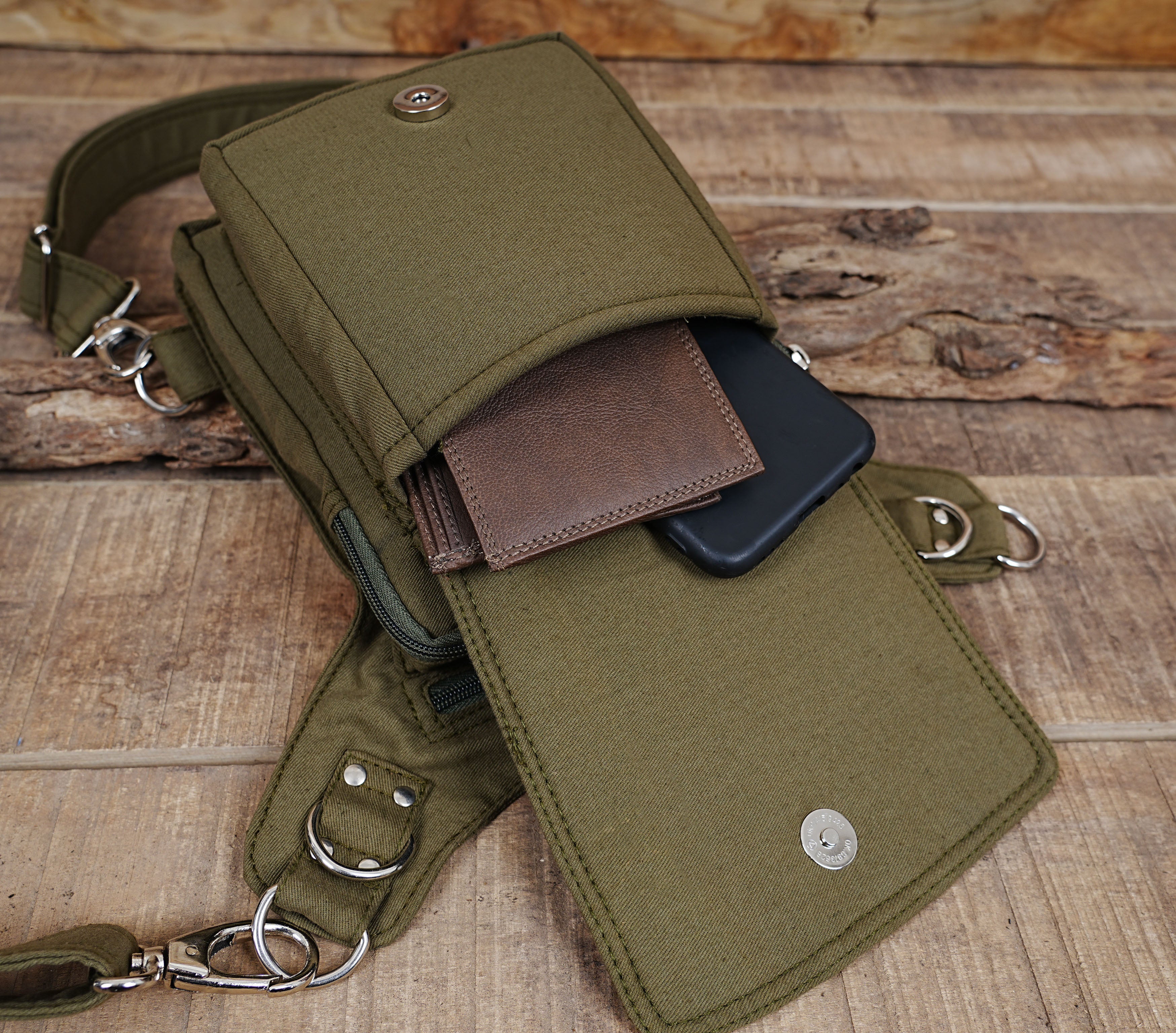 GREEN COTTON HIP BELT BAG || TRAVELLER BLACK CANVAS VEGAN || FESTIVAL UTILITY POCKET BELT ||