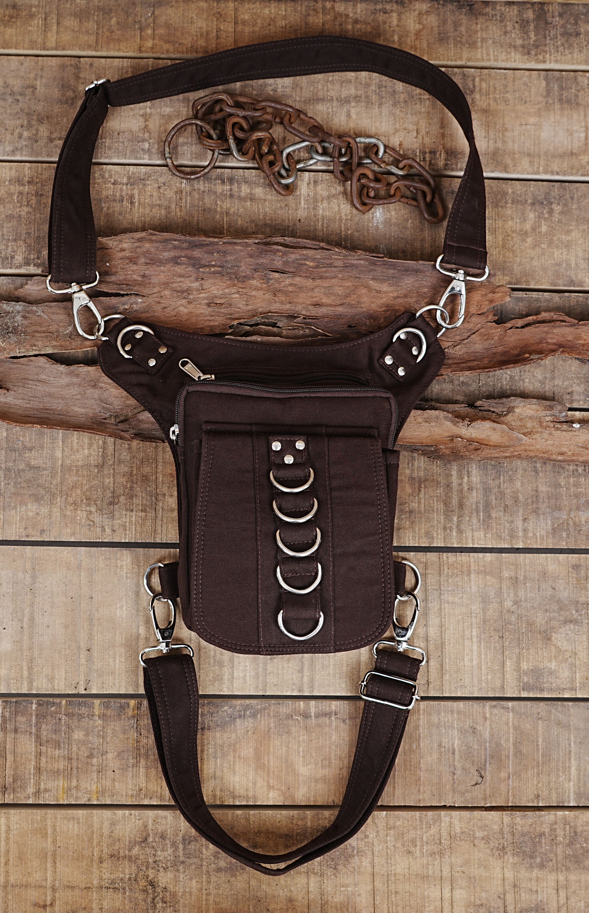 BROWN COTTON HIP BELT BAG || TRAVELLER BLACK CANVAS VEGAN || FESTIVAL UTILITY POCKET BELT ||