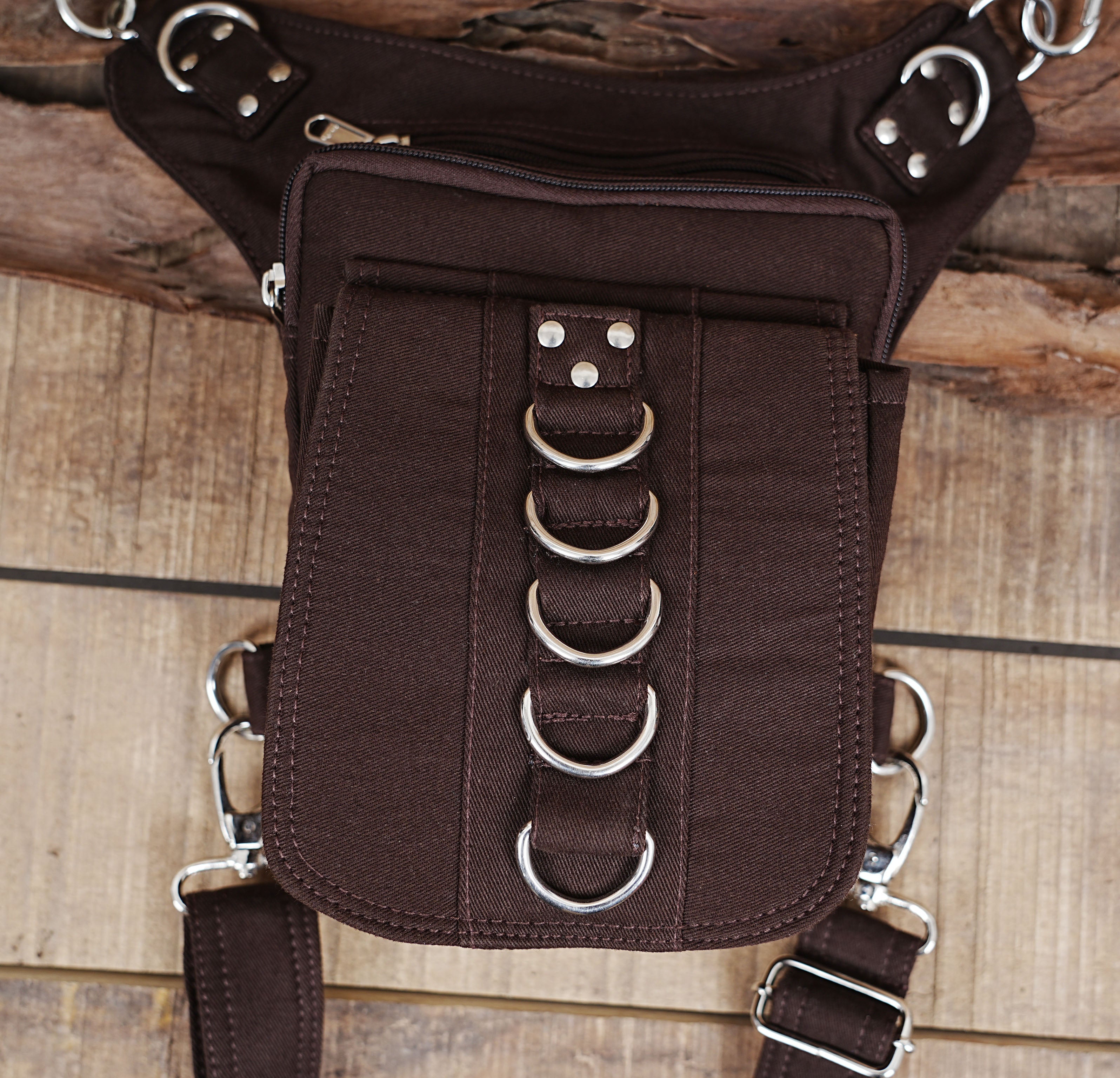 BROWN COTTON HIP BELT BAG || TRAVELLER BLACK CANVAS VEGAN || FESTIVAL UTILITY POCKET BELT ||