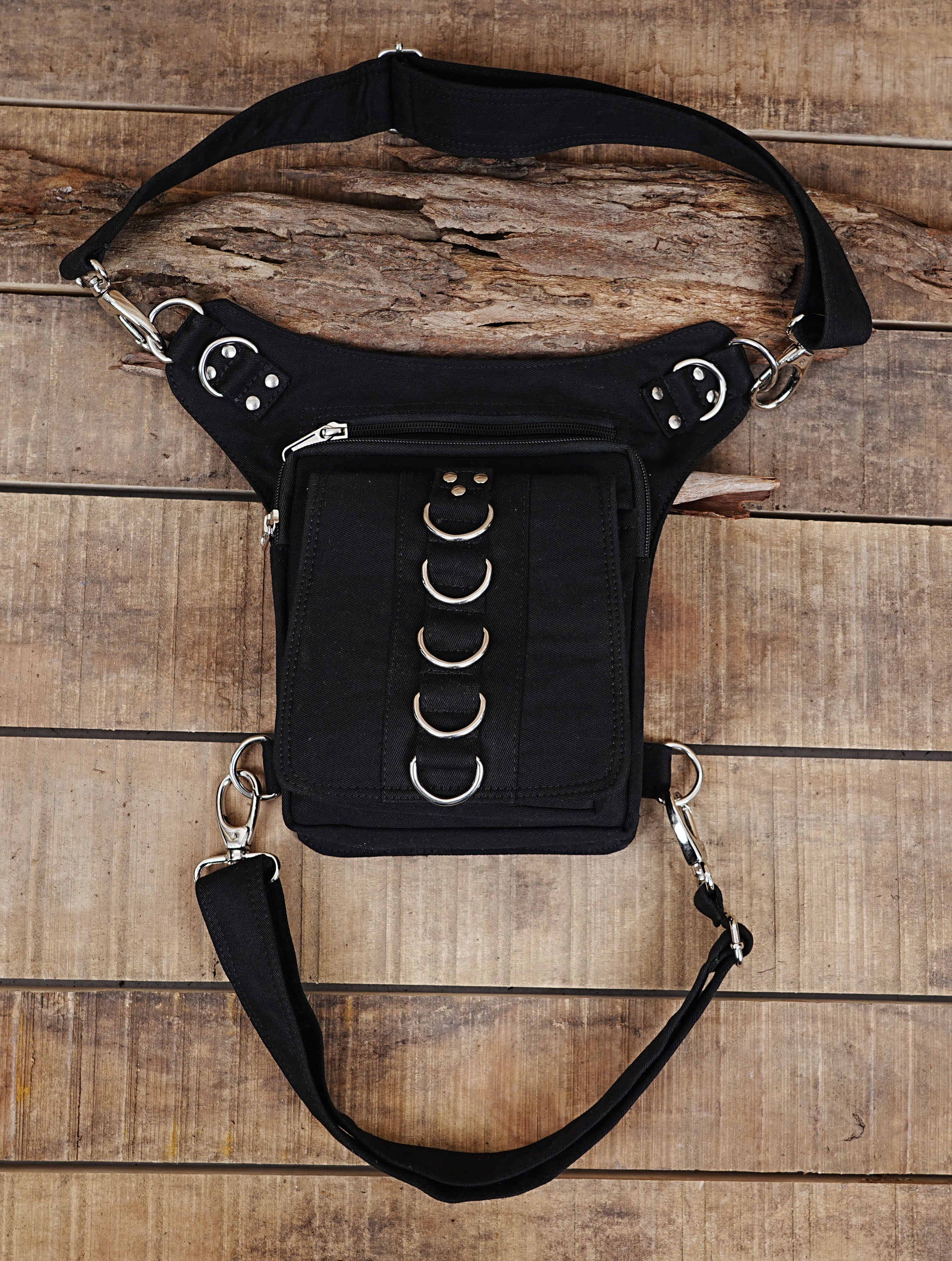 GREEN COTTON HIP BELT BAG || TRAVELLER BLACK CANVAS VEGAN || FESTIVAL UTILITY POCKET BELT ||