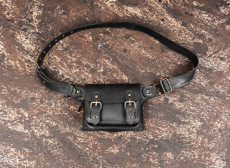 Black leather waist belt bag with dual buckle front