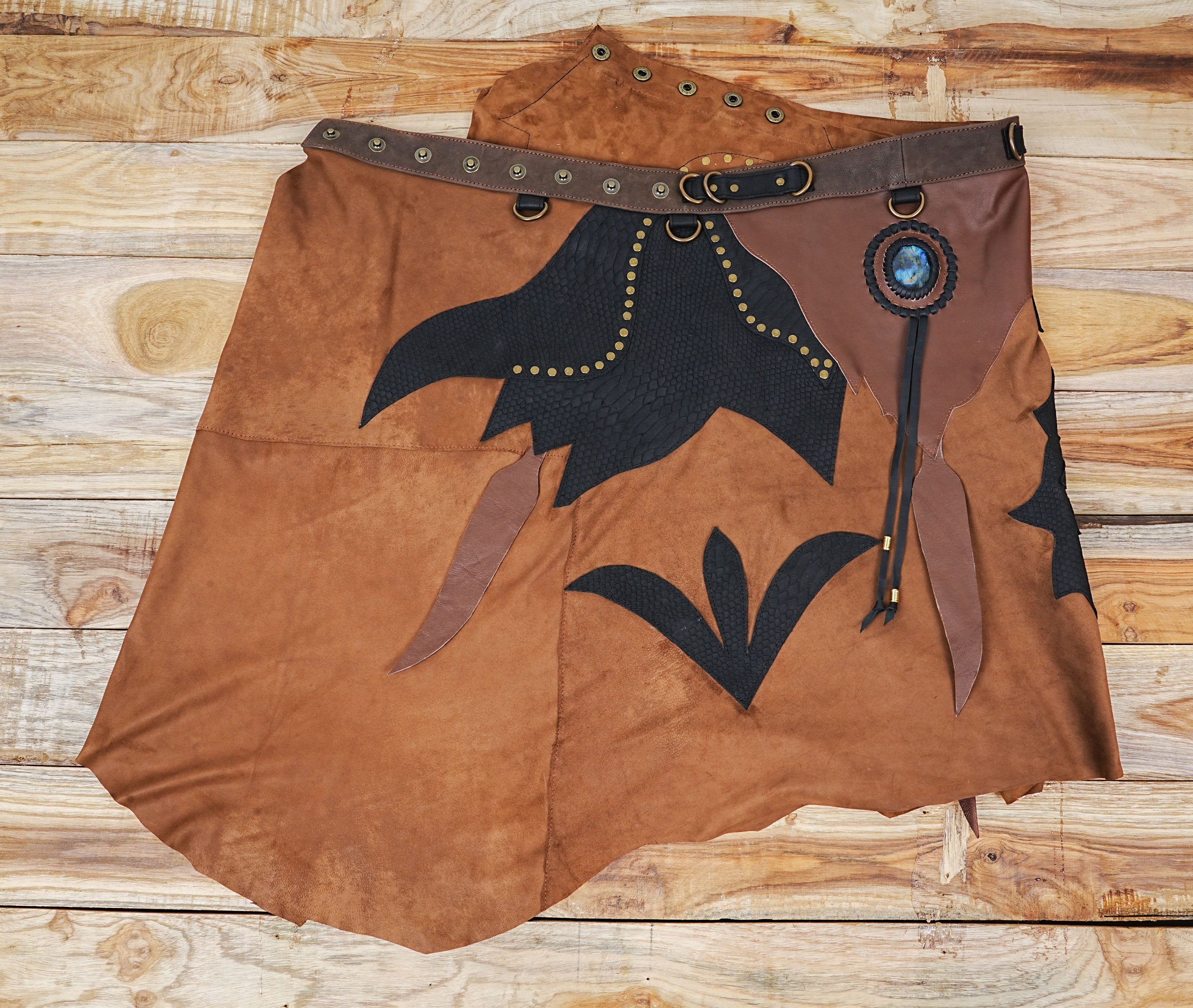 Handmade Brown Leather Skater Skirts With Real Gemstone