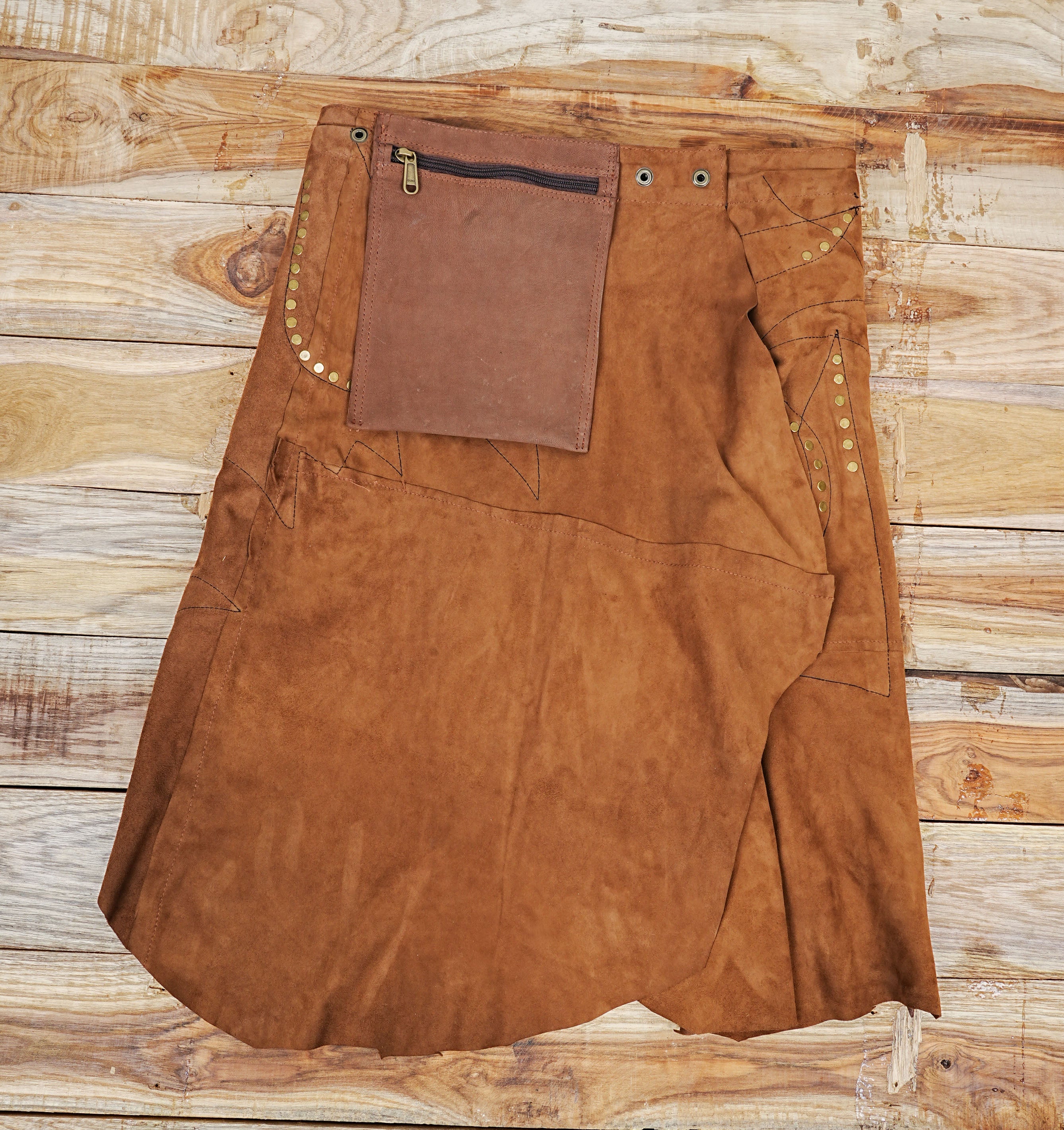 Handmade Brown Leather Skater Skirts With Real Gemstone