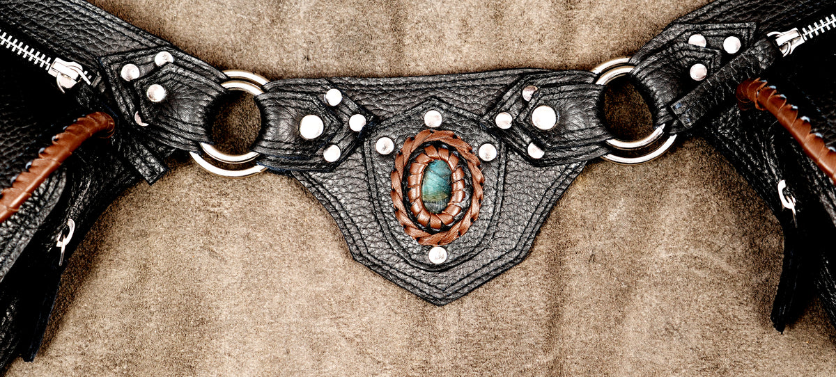 Dark fantasy leather belt with dual zip pouches and stones