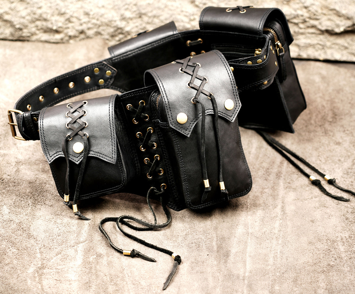 Black leather waist belt with lace-up pockets for festivals and travel